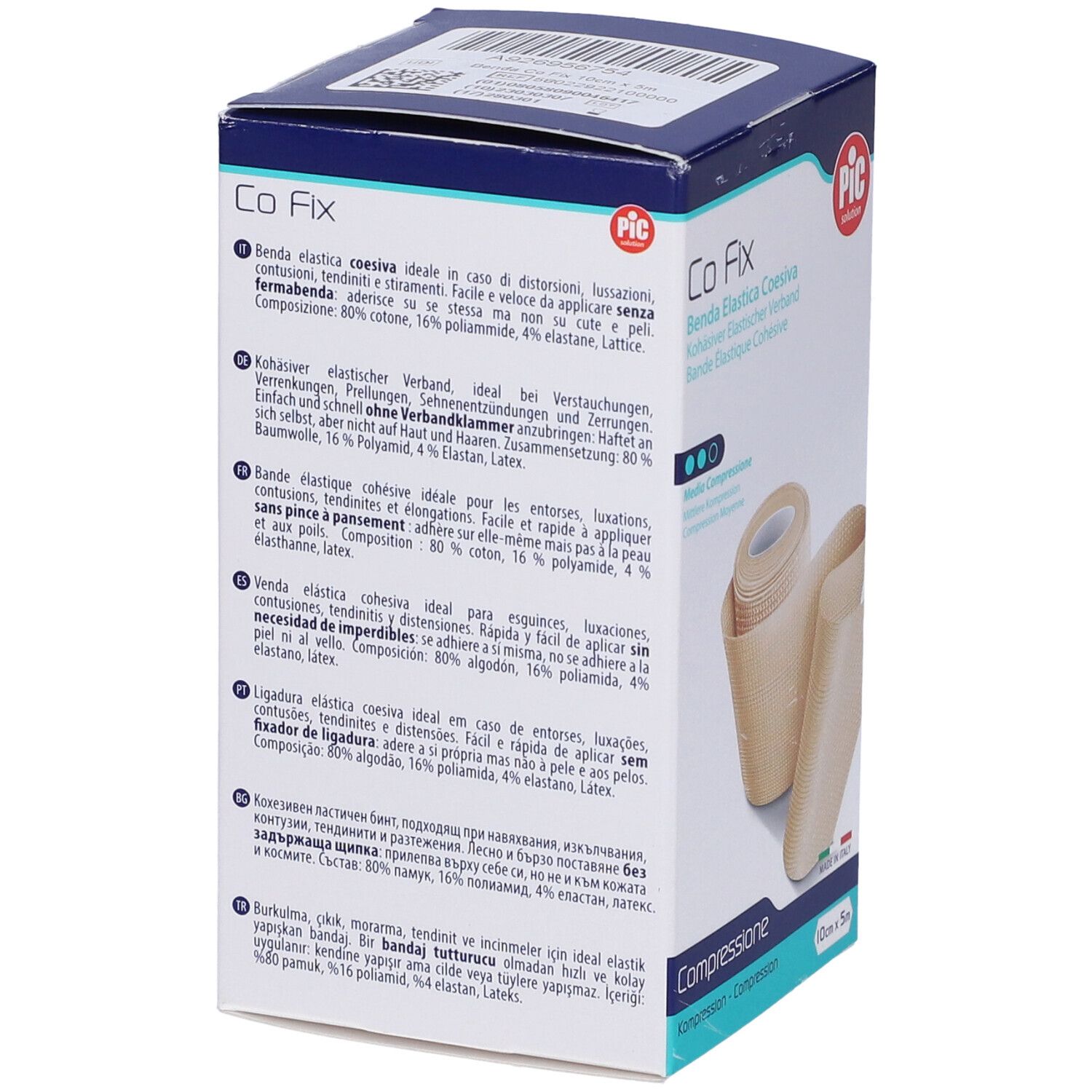 Retro confezione di benda elastica coesiva Co Fix, PIC. Testo multilingue. Rotolo e benda.