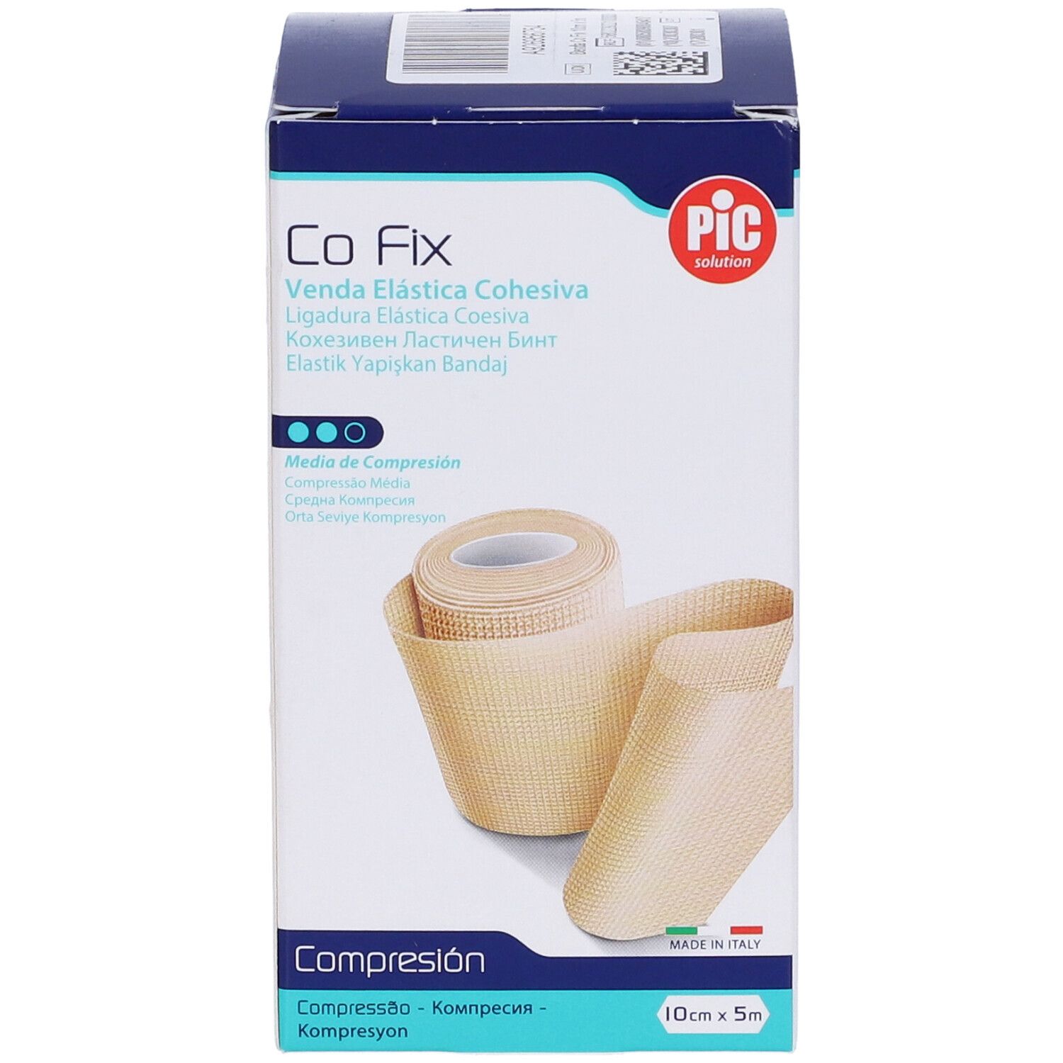 Confezione di benda elastica coesiva Co Fix, PIC. Rotolo e porzione srotolata. 10 cm x 5 m.
