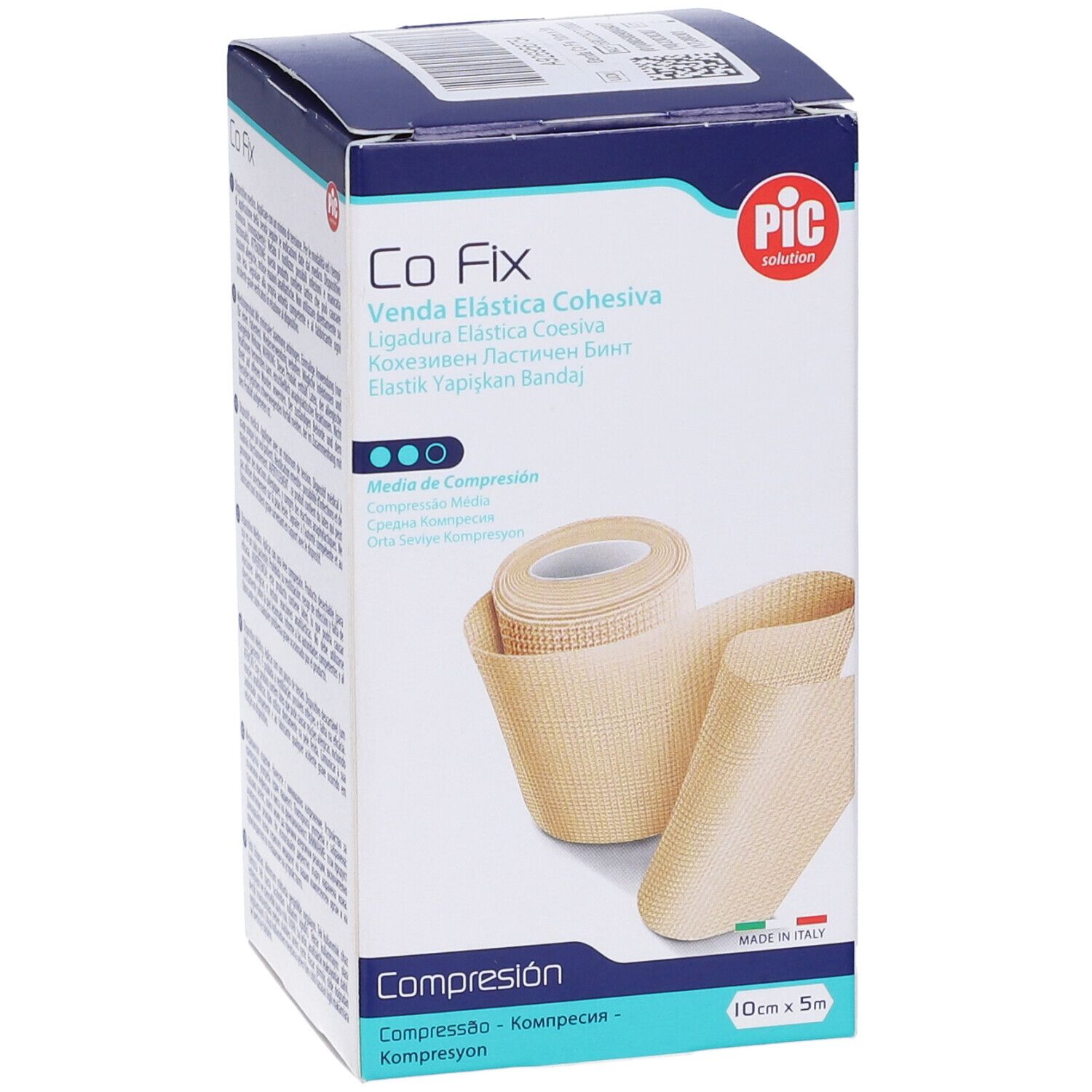 Confezione di benda elastica coesiva Co Fix, PIC. Rotolo e porzione srotolata. 10 cm x 5 m.