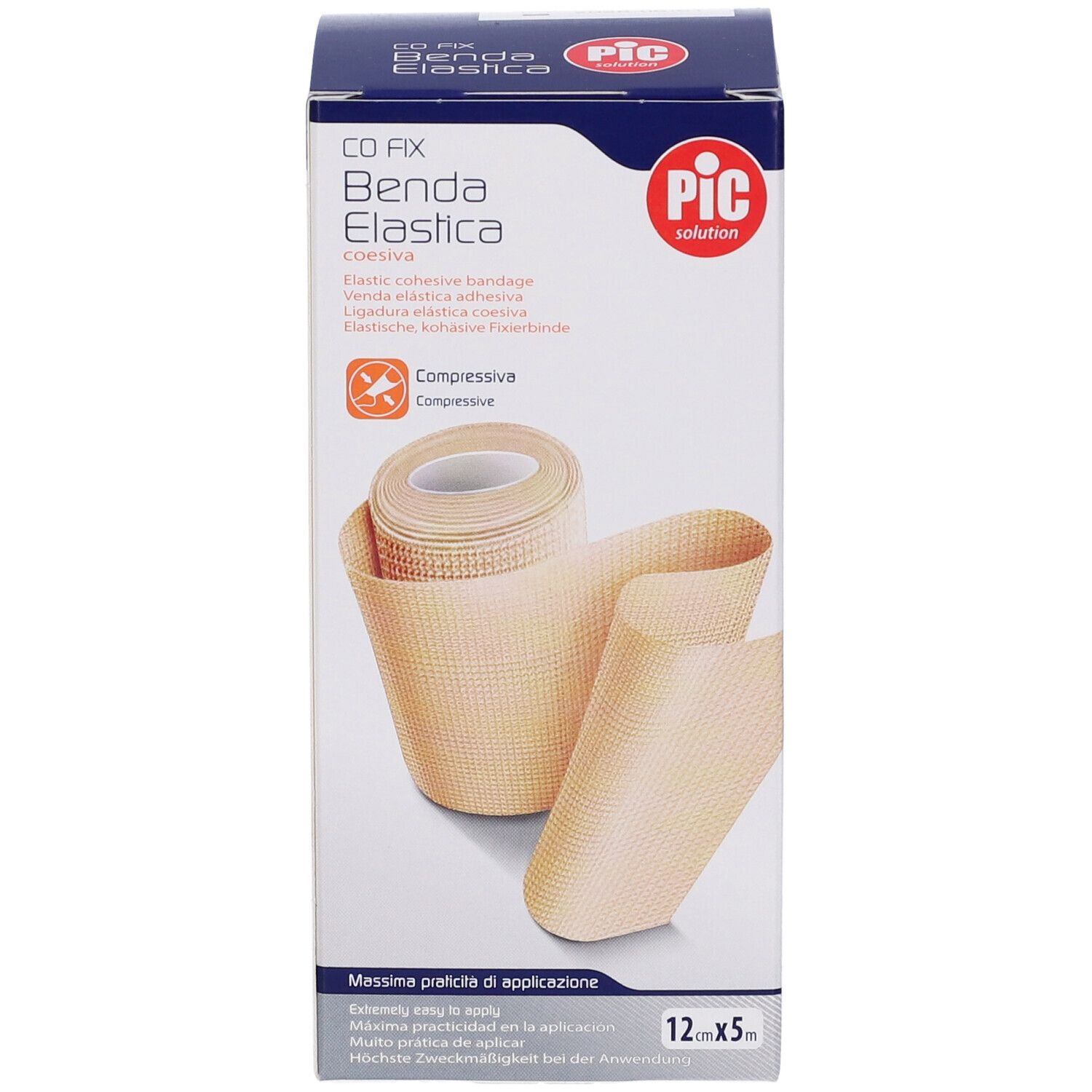 Confezione di benda elastica autoadesiva. Scritta: CO FIX Benda Elastica, 12x5cm. Marchio: PIC. Con rotolo di benda.