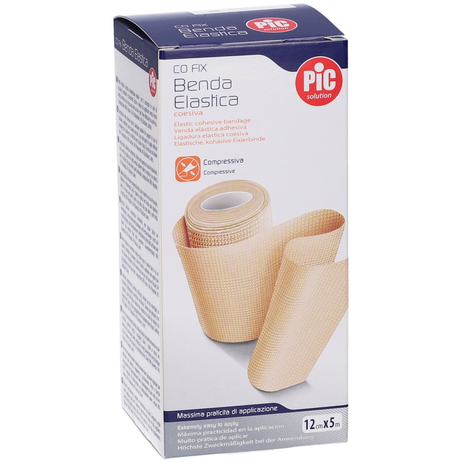 Confezione di benda elastica autoadesiva. Scritta: CO FIX Benda Elastica, 12x5cm. Marchio: PIC. Con rotolo di benda.