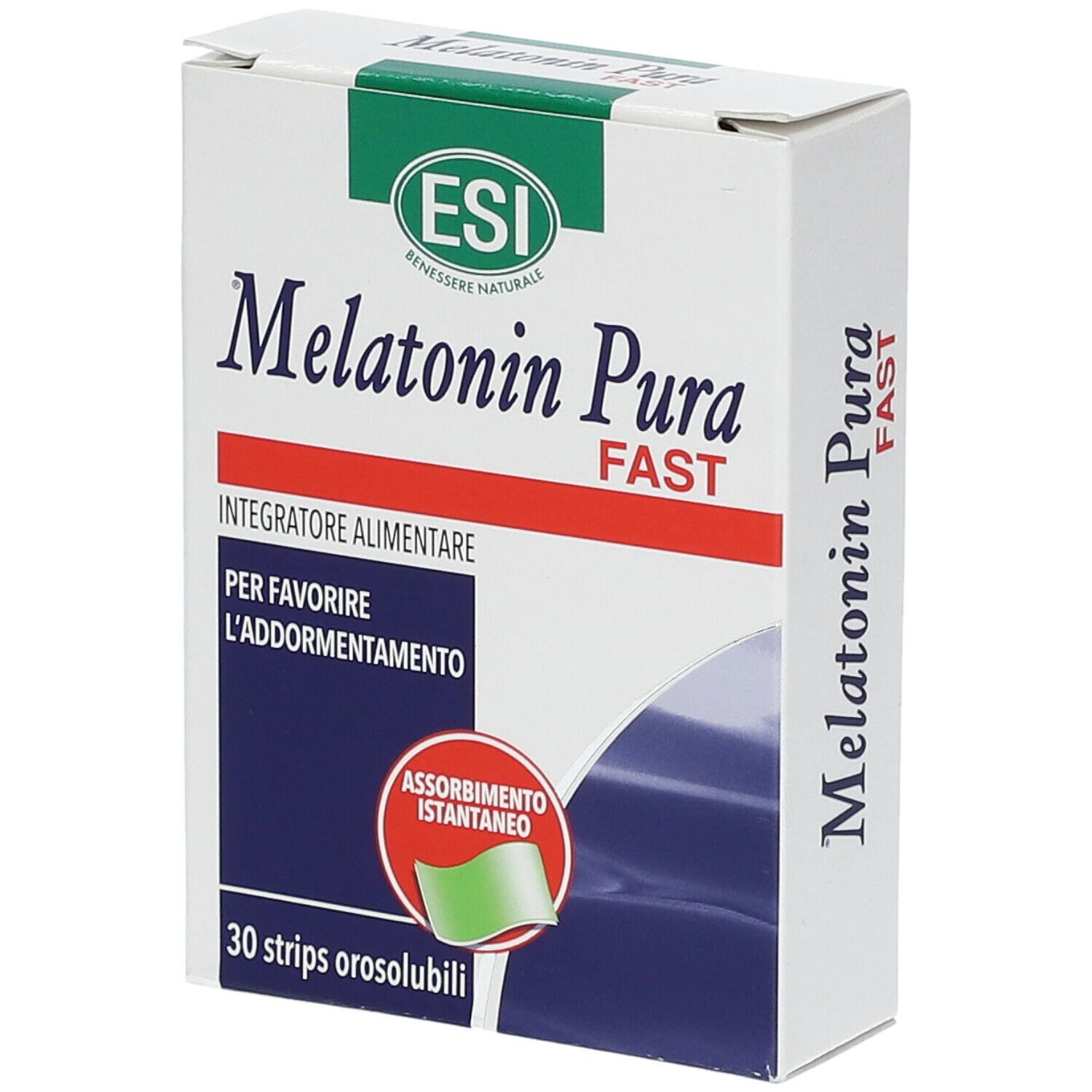 Scatola di Melatonin Pura Fast Strips. Scritta: 30 strisce orosolubili. Marchio ESI.