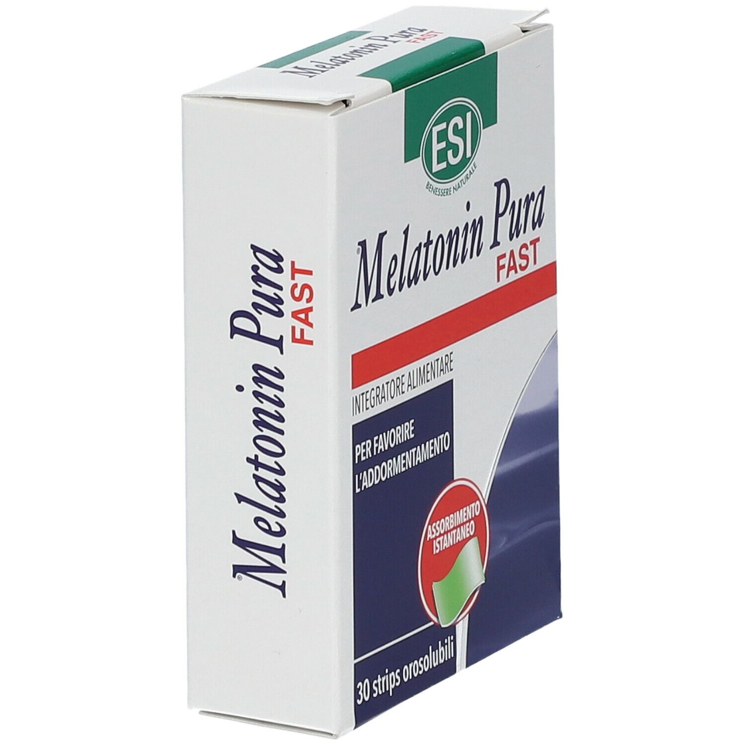 Scatola di Melatonin Pura Fast Strips. Marchio ESI. Scritta: 30 strisce orosolubili.