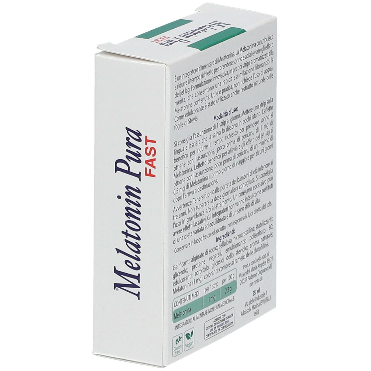 Scatola di Melatonin Pura Fast Strips. Testo sul lato. Marchio ESI. Ingredienti e istruzioni per l'uso.