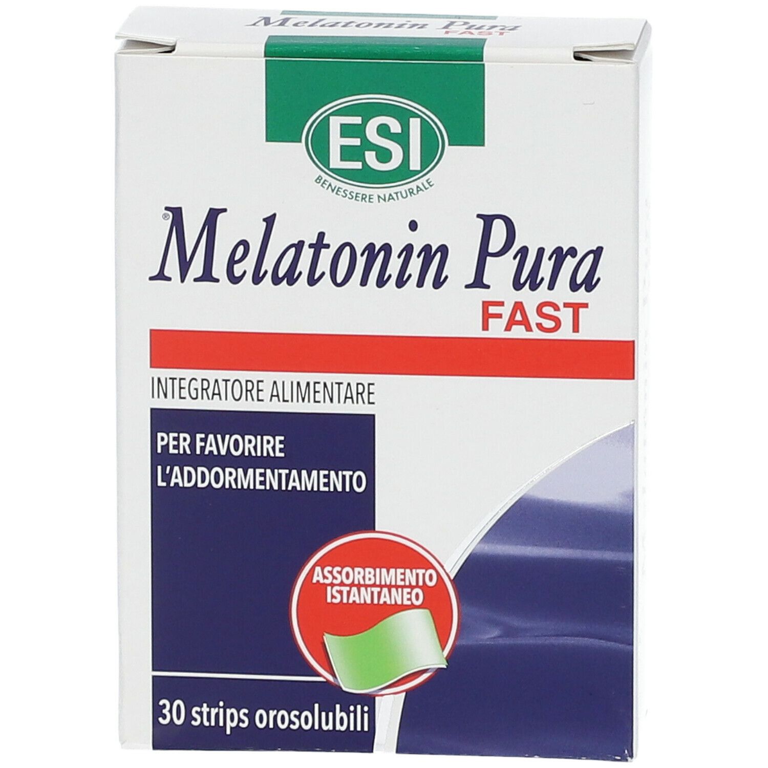 Scatola di Melatonin Pura Fast Strips. Scritta: 30 strisce orosolubili. Marchio ESI.