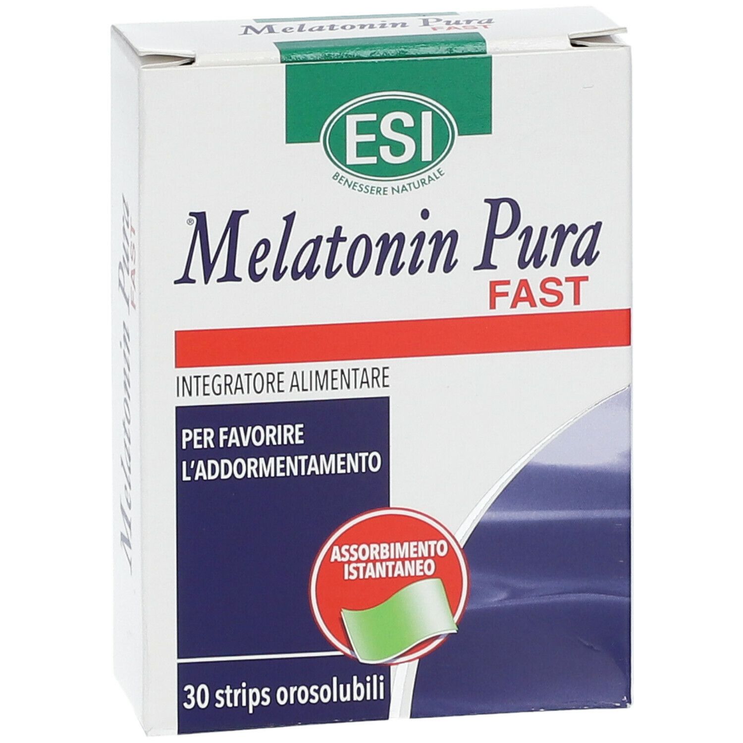 Scatola di Melatonin Pura Fast Strips. Marchio ESI. Scritta: 30 strisce orosolubili.