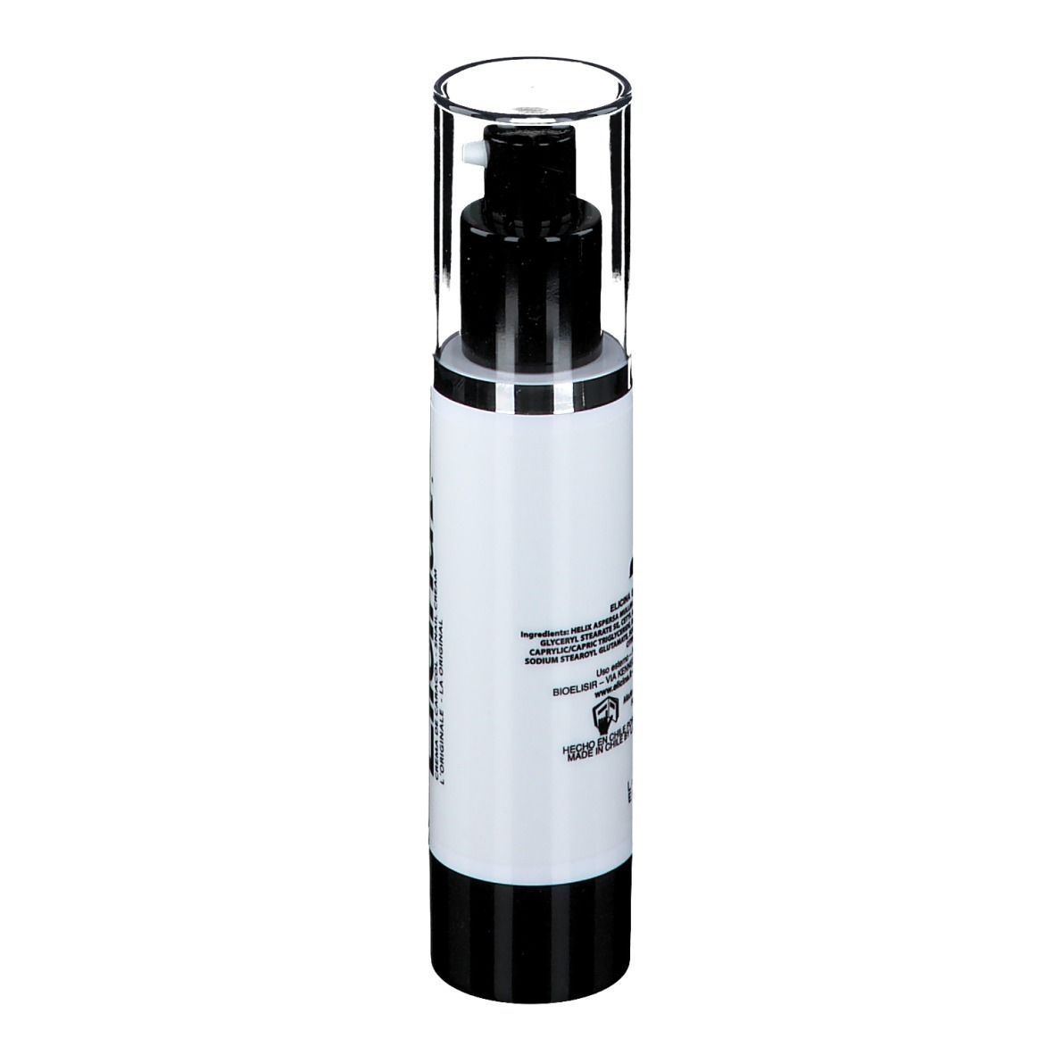 Weiße Flasche mit schwarzem Pumpkopf und durchsichtiger Kappe. Rückseite mit Text.