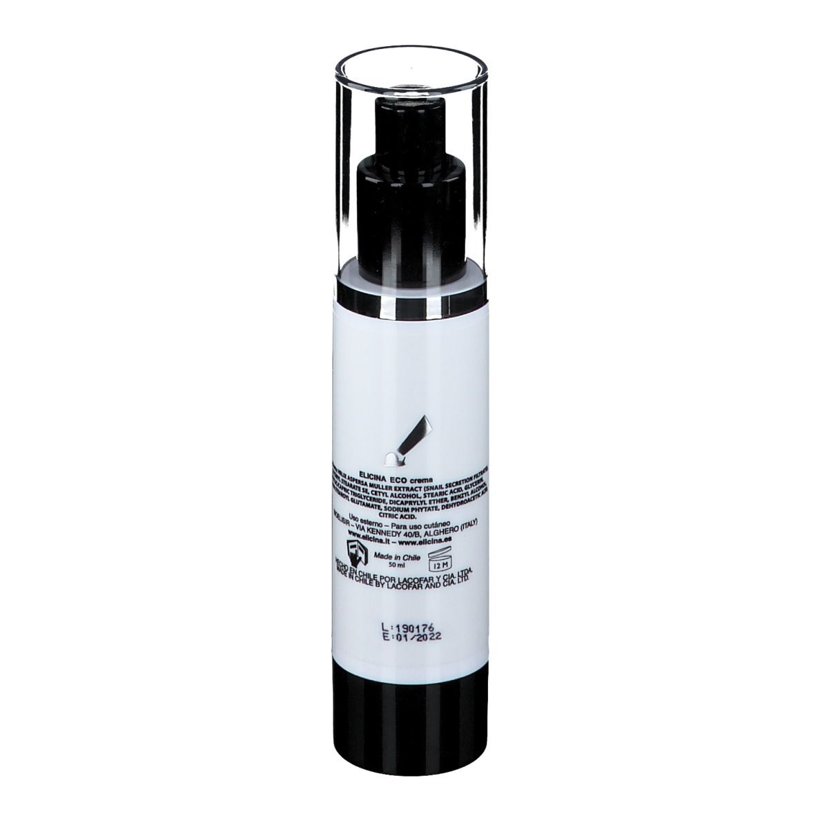 Weiße Flasche mit schwarzem Pumpkopf und durchsichtiger Kappe. Rückseite mit Text und Datum.