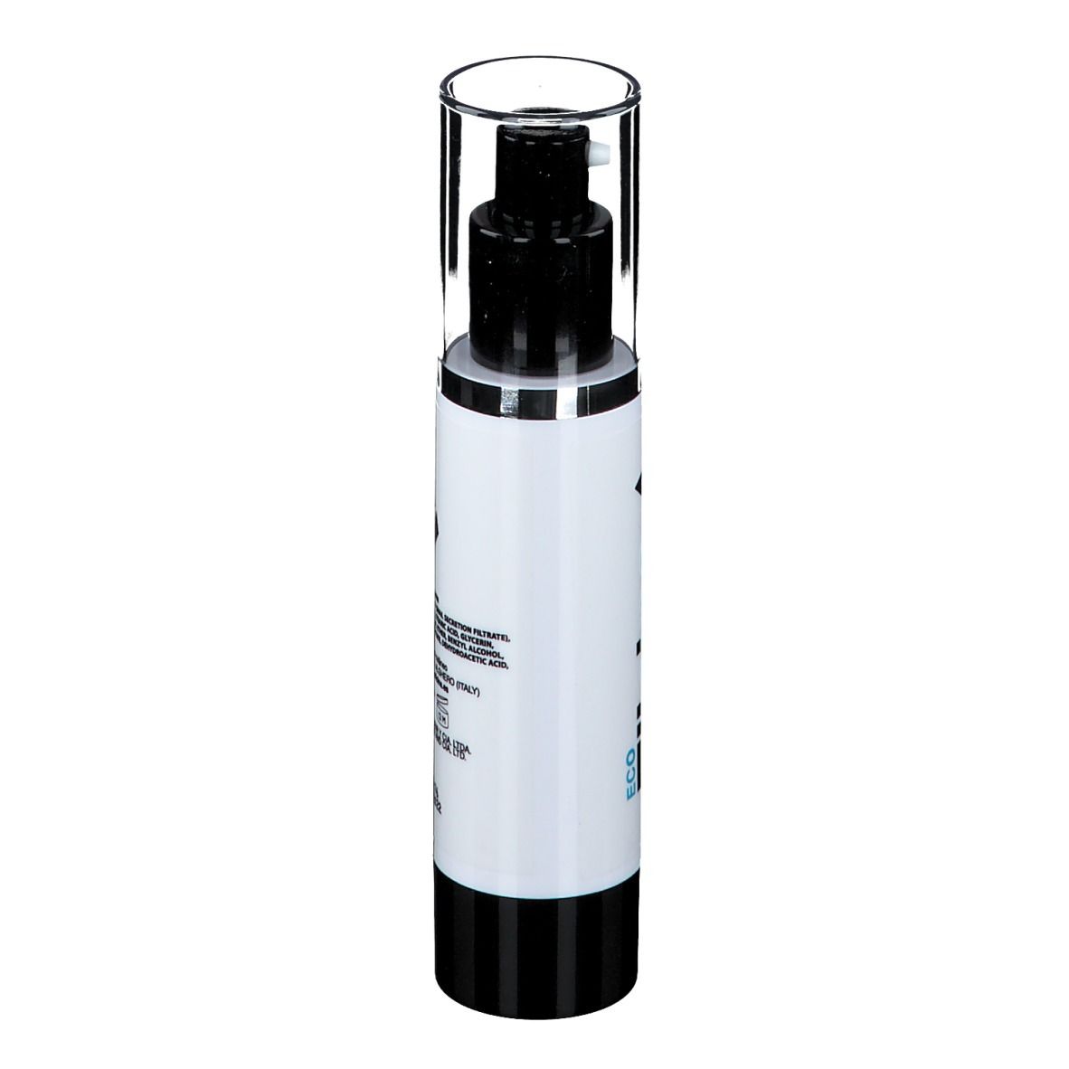 Weiße Flasche mit schwarzem Pumpkopf und durchsichtiger Kappe. Rückseite mit Text.