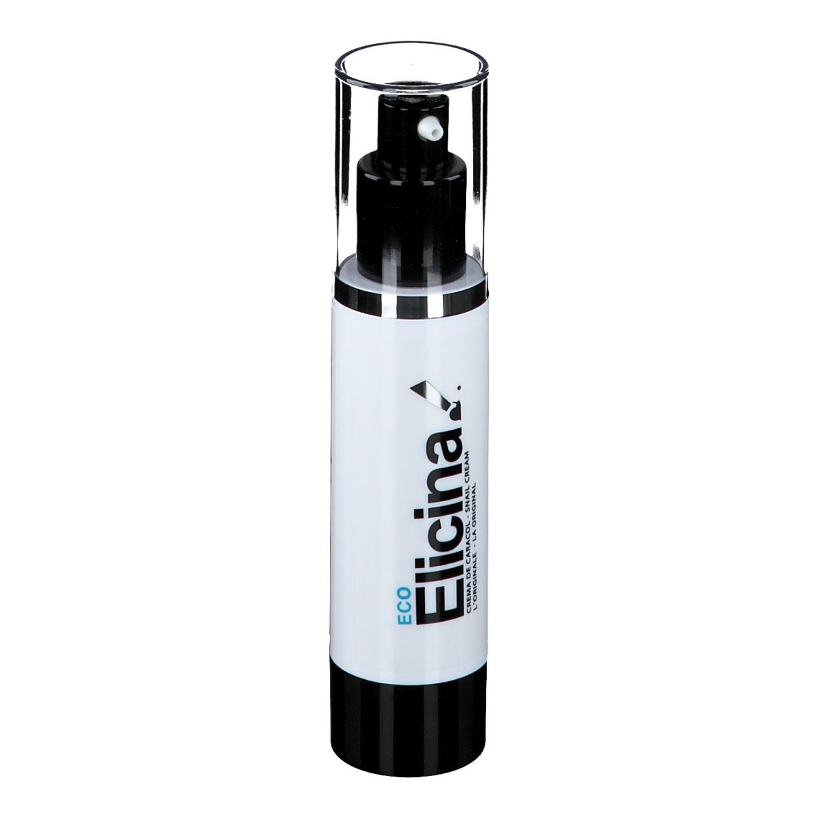 Weiße Flasche mit schwarzem Pumpkopf und durchsichtiger Kappe. Aufschrift: Elicina ECO Crema.