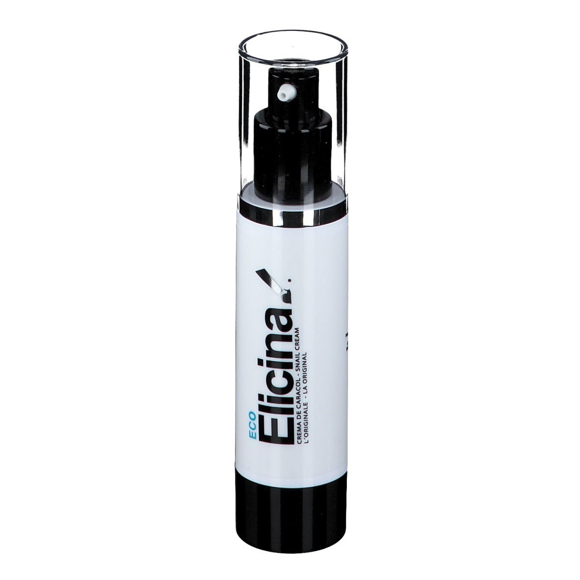 Weiße Flasche mit schwarzem Pumpkopf und durchsichtiger Kappe. Aufschrift: Elicina ECO Crema.