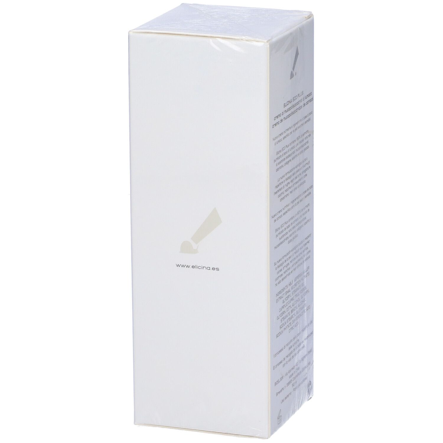 Weiße Verpackung mit Text. Produktname Elicina+ ECO. Text in italienischer Sprache. Website-Adresse.