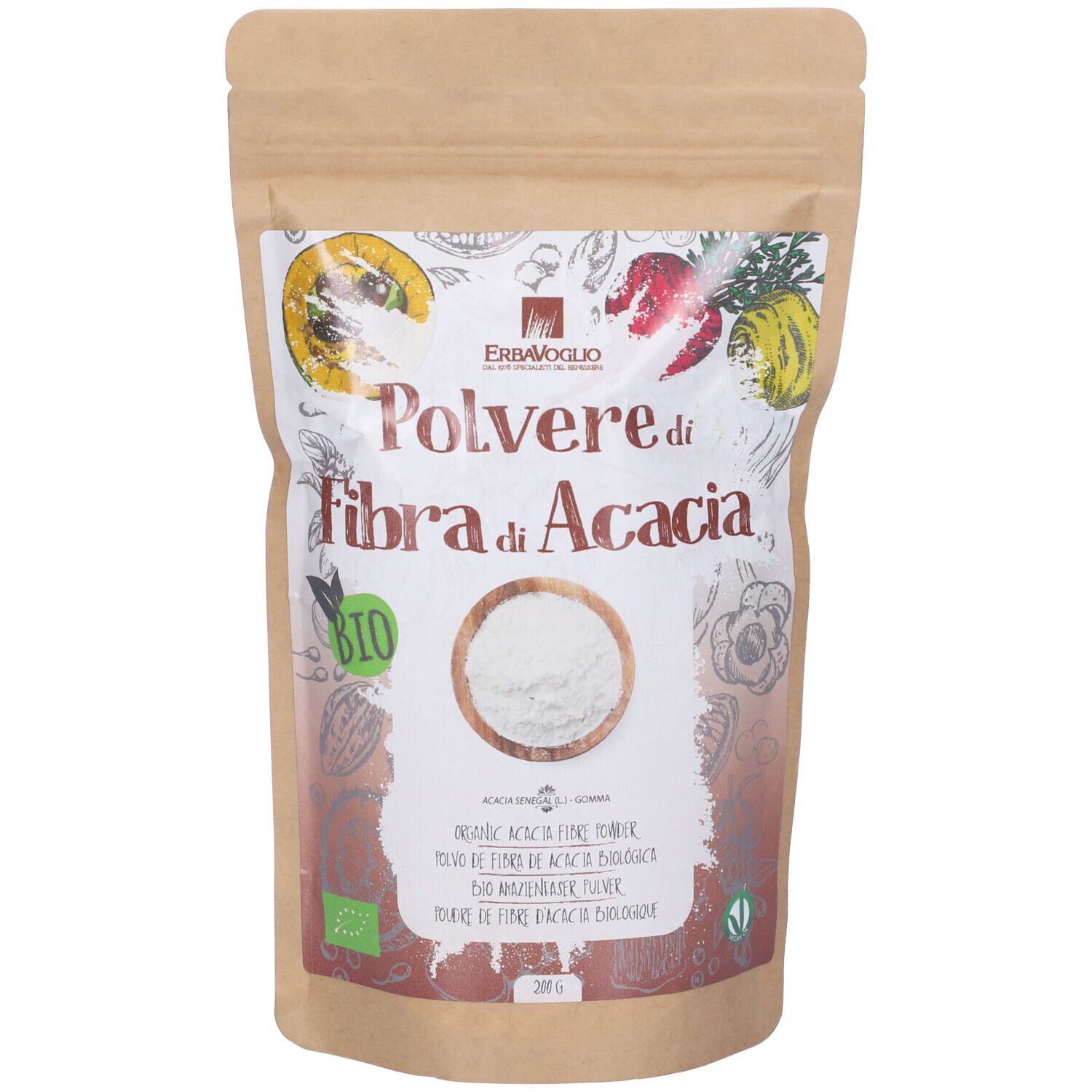 Busta con "Polvere di Fibra di Acacia" e logo Bio. Illustrazione di frutta. Contenuto: polvere bianca.