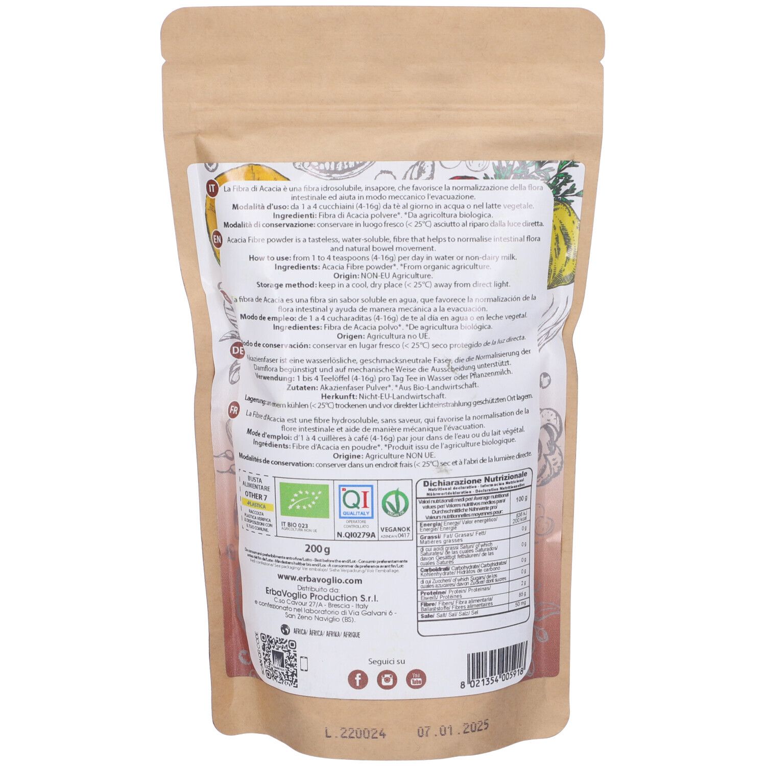 Retro di una busta con testo e informazioni nutrizionali. Confezione marrone con loghi verdi e bianchi.
