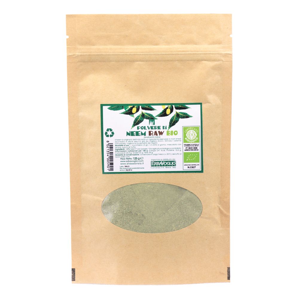 Confezione marrone con finestra ovale, polvere verde visibile. Scritta: Polvere di Neem Bio, marchio bio, 125g.