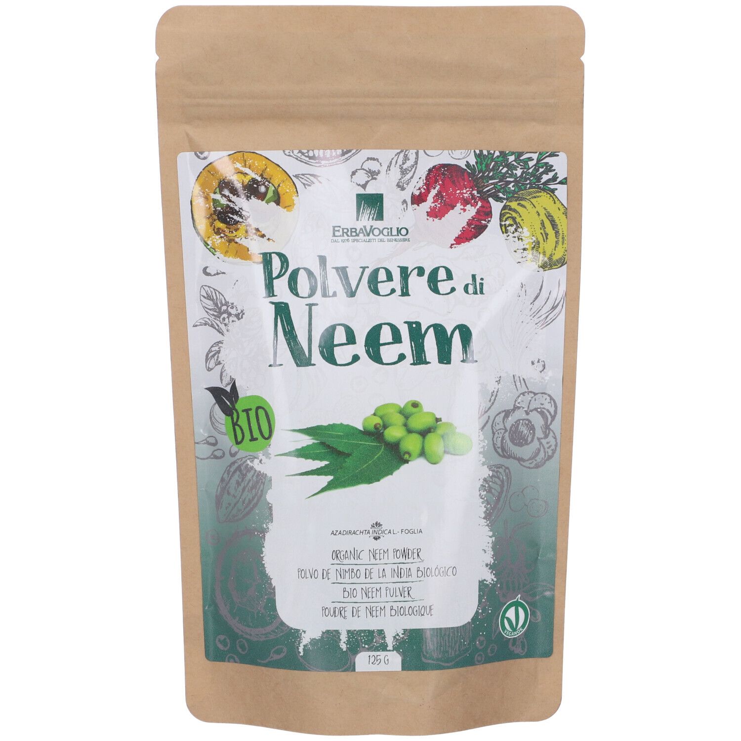 Confezione marrone con scritta: Polvere di Neem, marchio bio, illustrazioni di frutta e foglie.