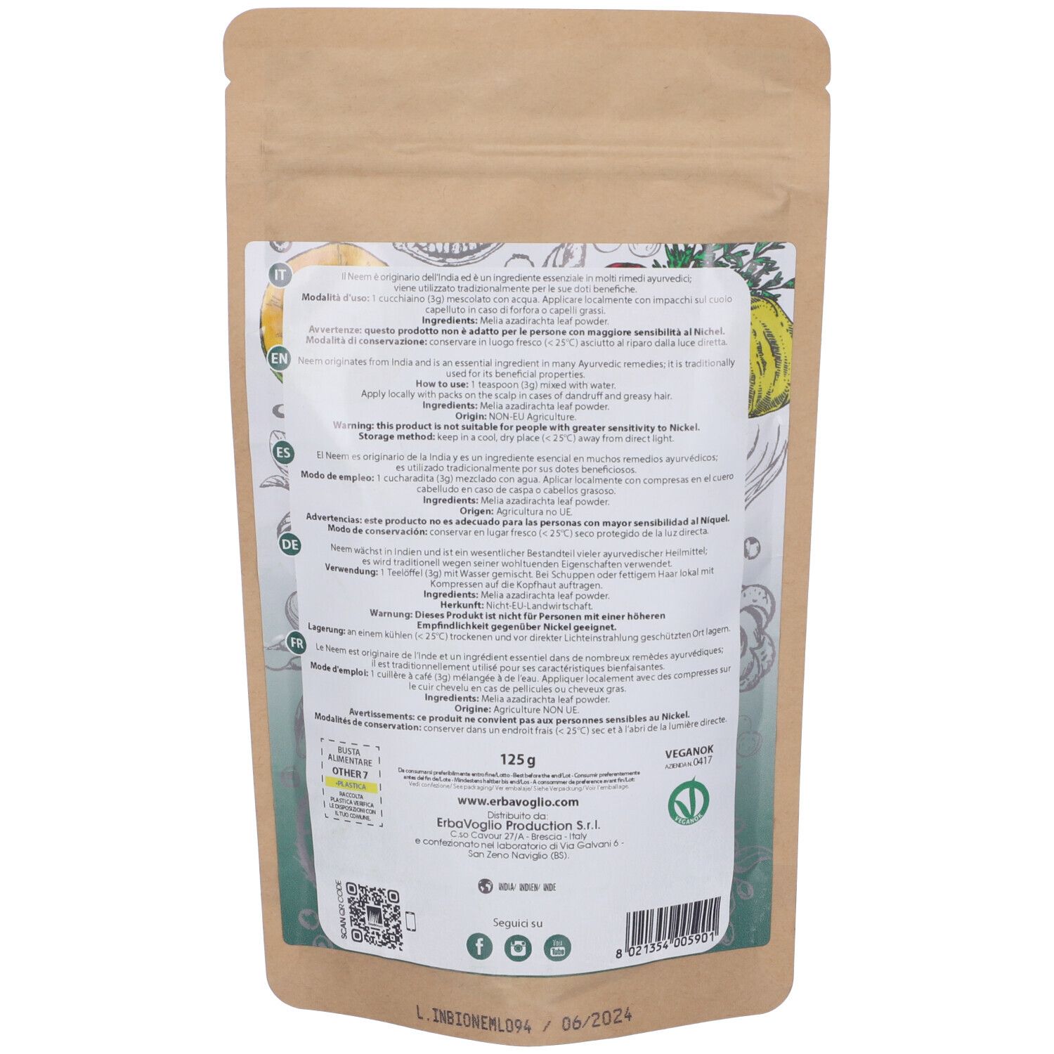 Retro confezione. Testo multilingue, informazioni, 125g, marchio bio, logo vegano.