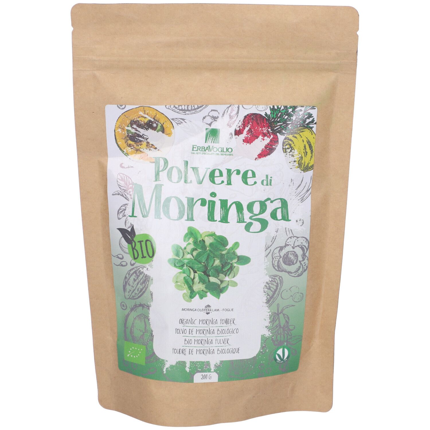 Busta stampata. Scritta: Polvere di Moringa. Certificazione biologica. Confezione marrone.