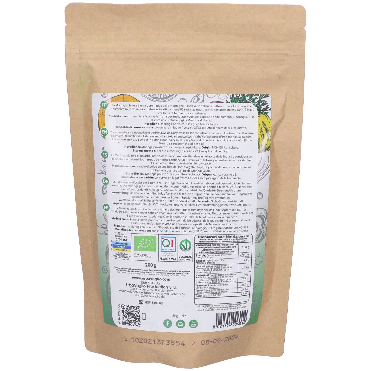 Retro della busta. Testo e informazioni nutrizionali. Certificazione biologica. Confezione marrone.