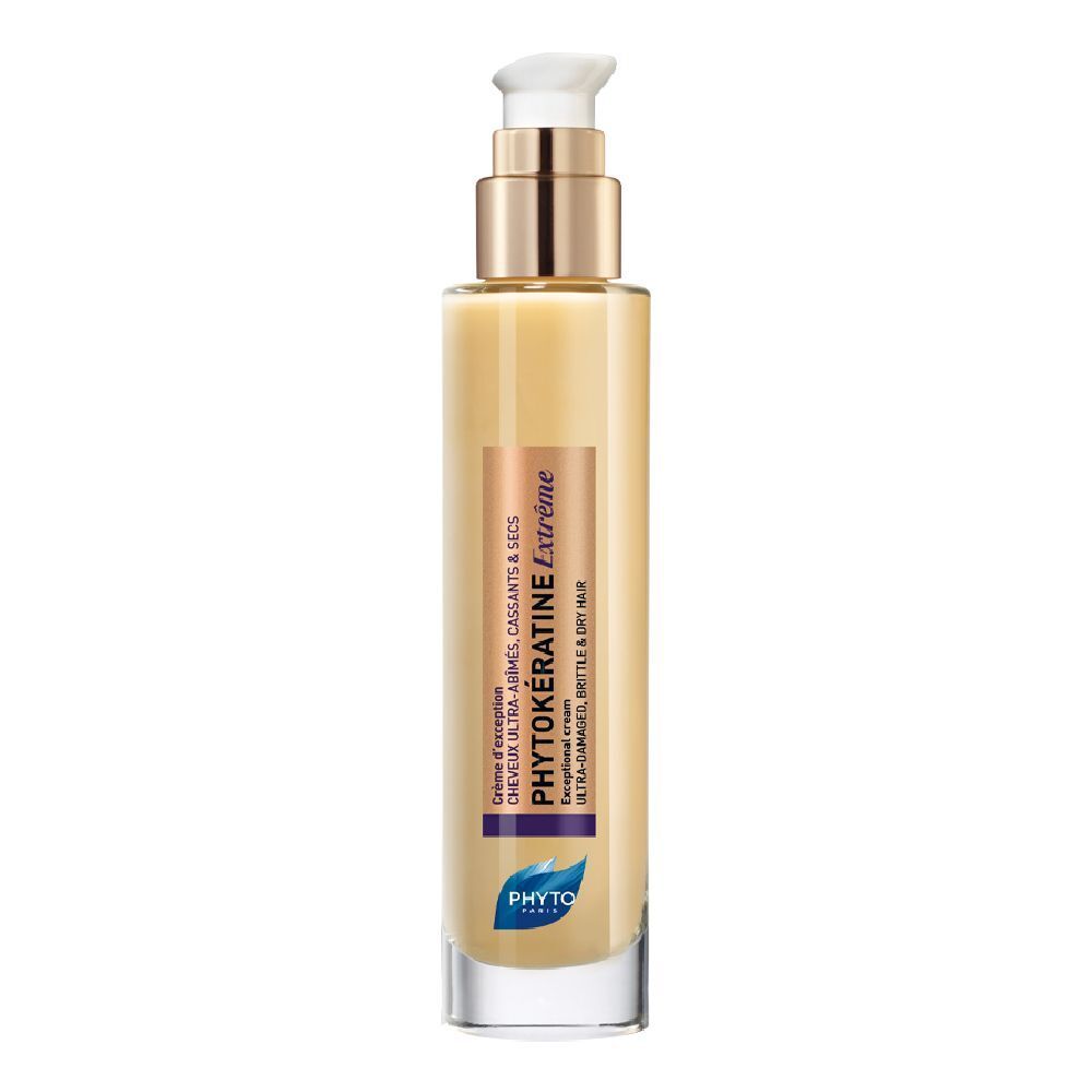 Crema PHYTOKÉRATINE Extrême in flacone con dosatore. Per capelli ultra-danneggiati, fragili e secchi. Scritta visibile.