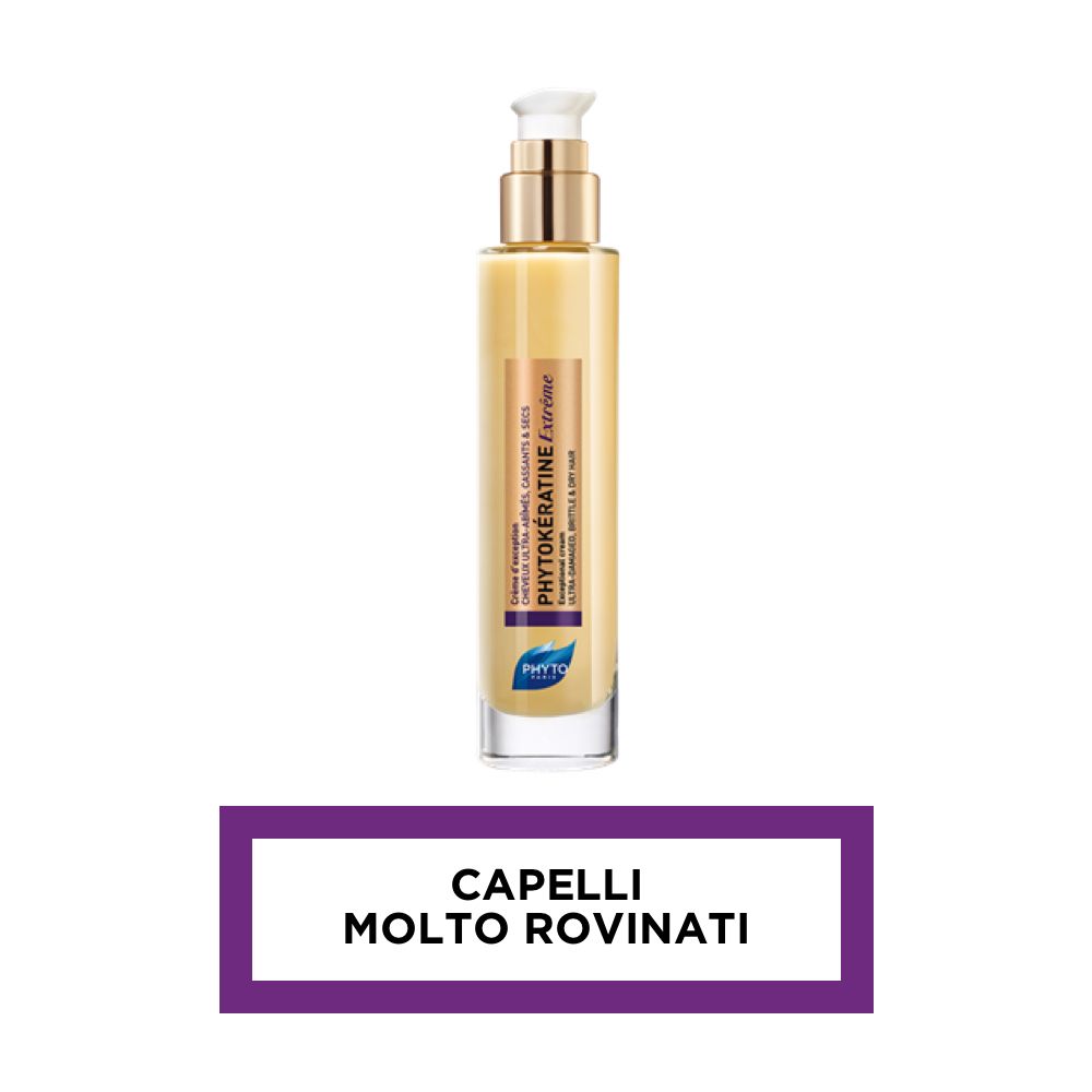 Testo su sfondo viola: Capelli Molto Rovina. Prodotto per capelli molto danneggiati.