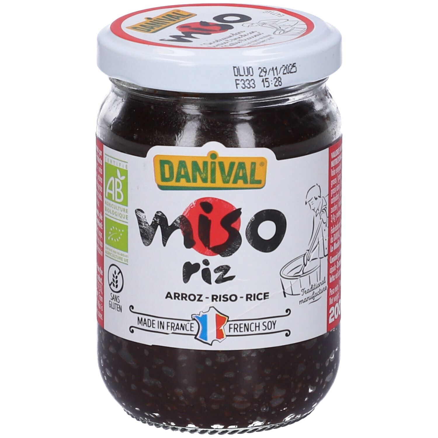 Vasetto di Miso Di Riso Bio. Etichetta con logo, testo e illustrazione. Coperchio con data di scadenza.