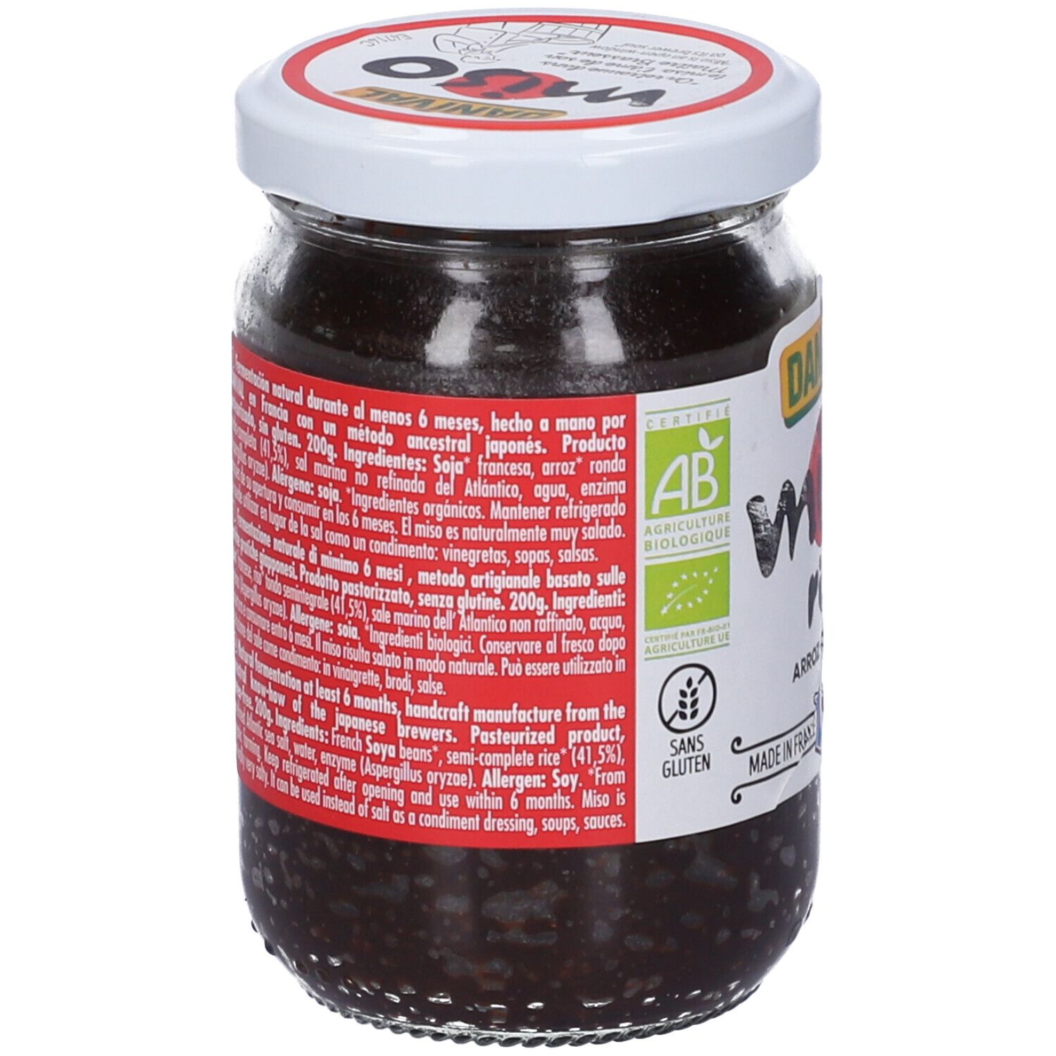 Retro del vasetto di Miso Di Riso Bio. Etichetta con testo e logo. Sigillo biologico e altre informazioni.