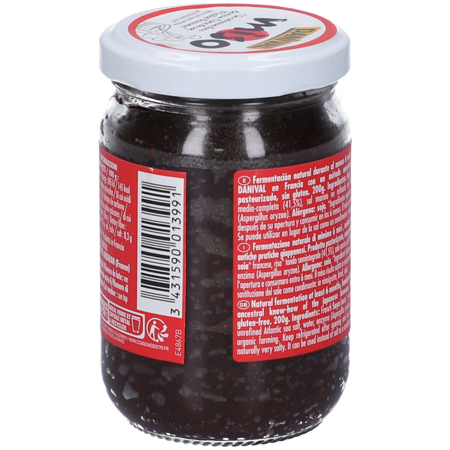 Retro del vasetto di Miso Di Riso Bio. Etichetta con testo e logo. Sigillo biologico e altre informazioni.