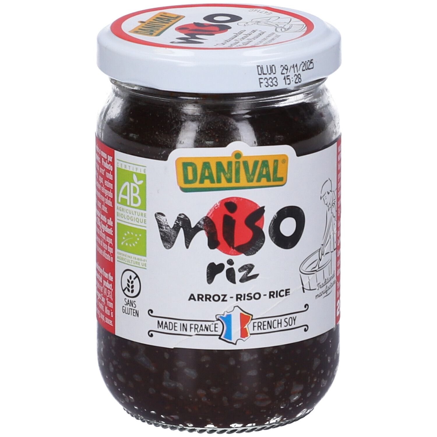 Vasetto di Miso Di Riso Bio. Etichetta con logo, testo e illustrazione. Coperchio con data di scadenza.