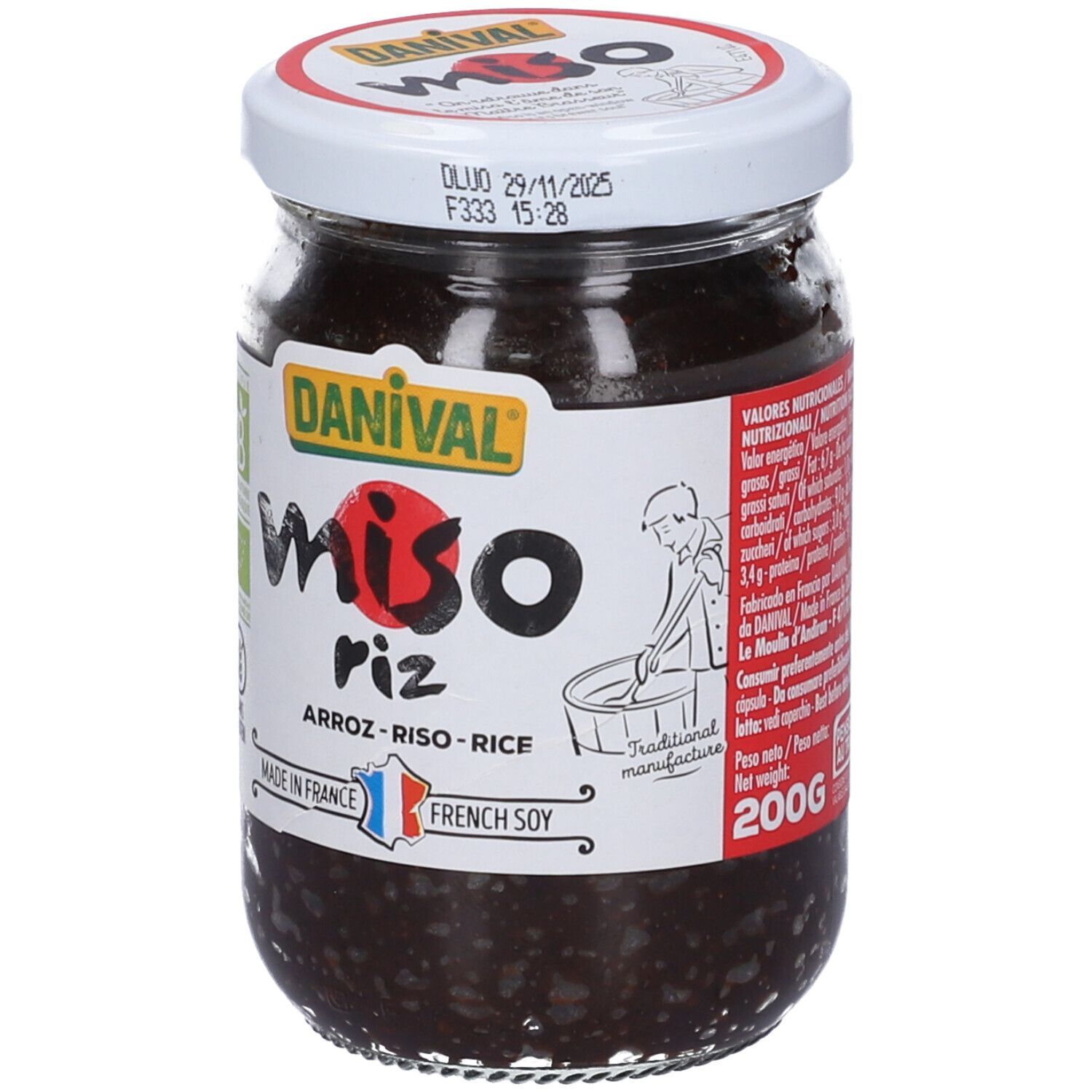 Vasetto di Miso Di Riso Bio. Etichetta con logo, testo e illustrazione. Peso 200g. Coperchio con data.