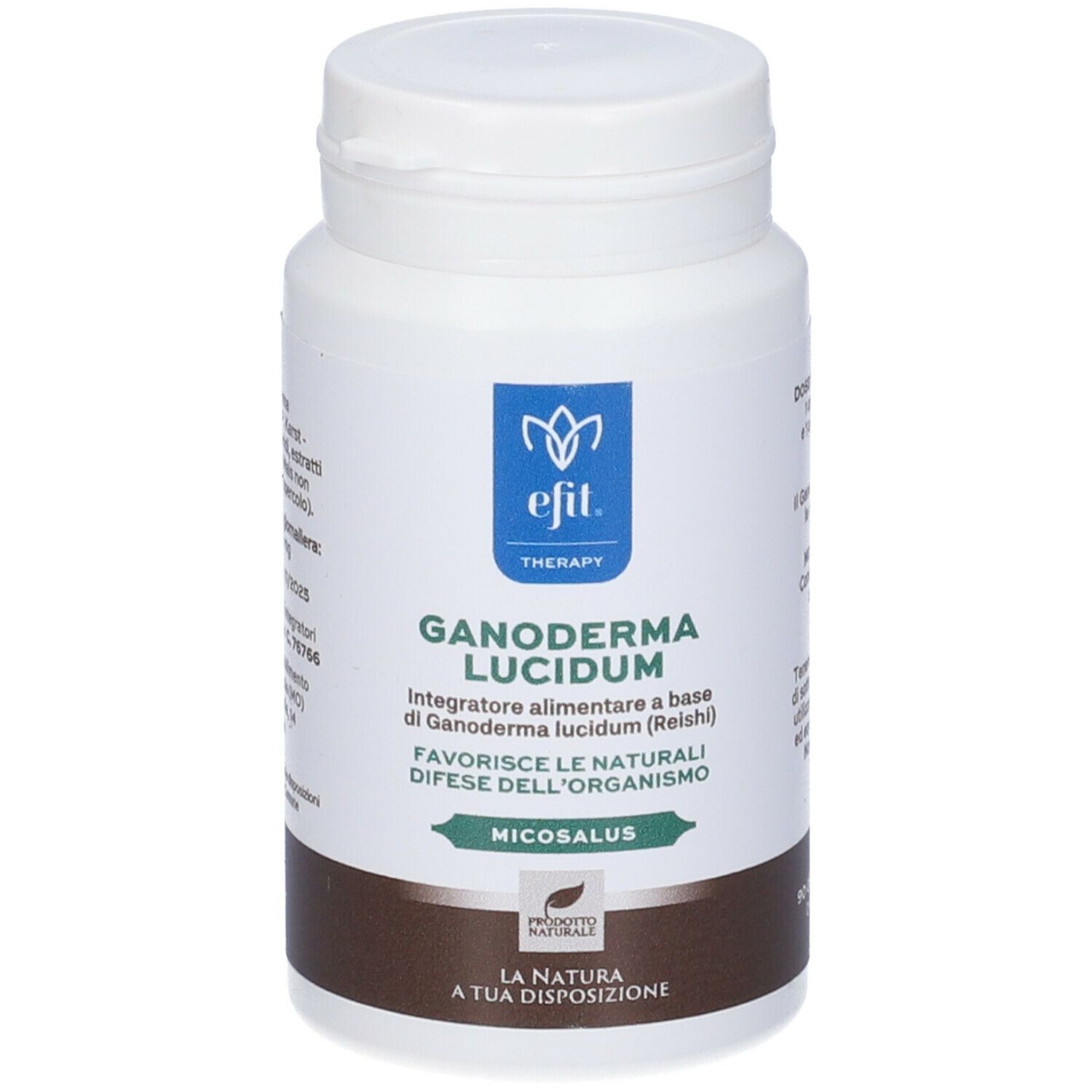 Flacone bianco con capsule. Scritta: Ganoderma Lucidum, 90 opercoli.