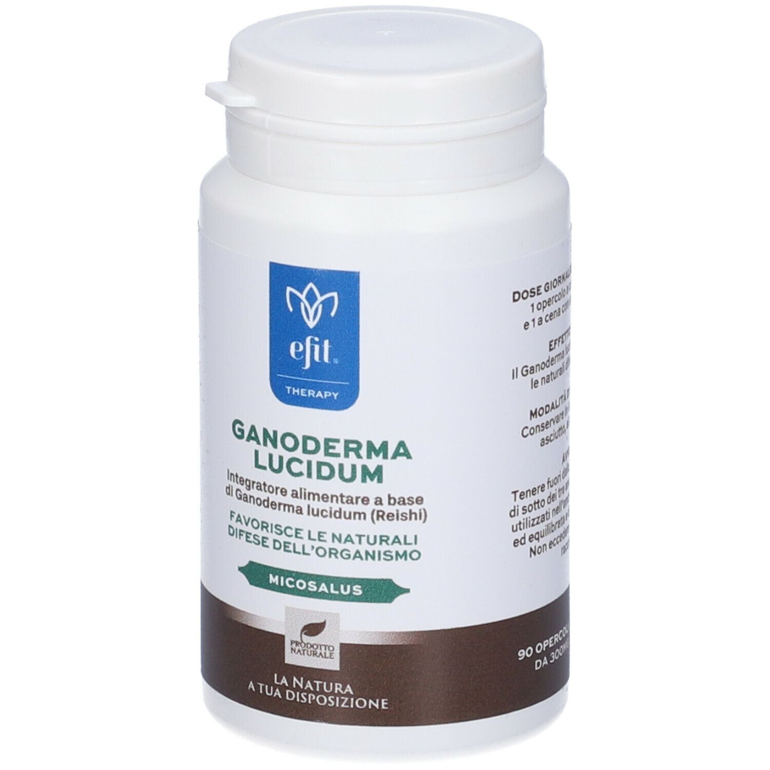 Flacone bianco con capsule. Scritta: Ganoderma Lucidum, 90 opercoli.