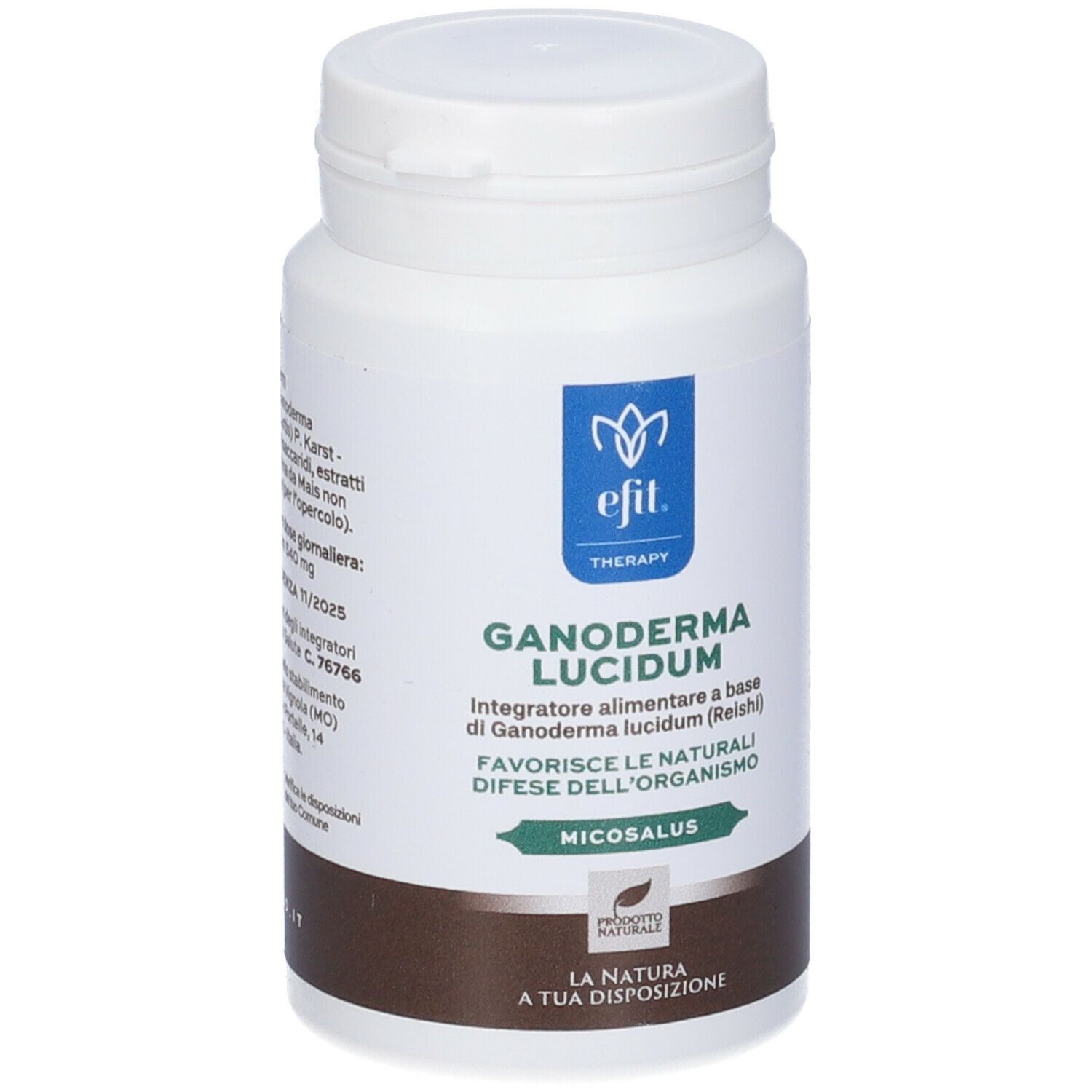 Flacone bianco con capsule. Scritta: Ganoderma Lucidum, 90 opercoli.