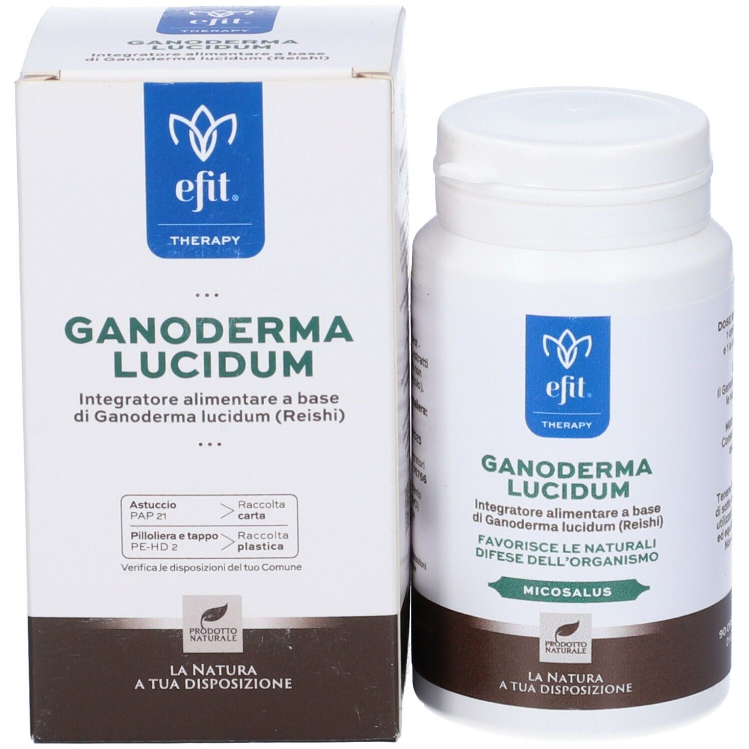 Confezione del prodotto: flacone e scatola con scritta: Ganoderma Lucidum.