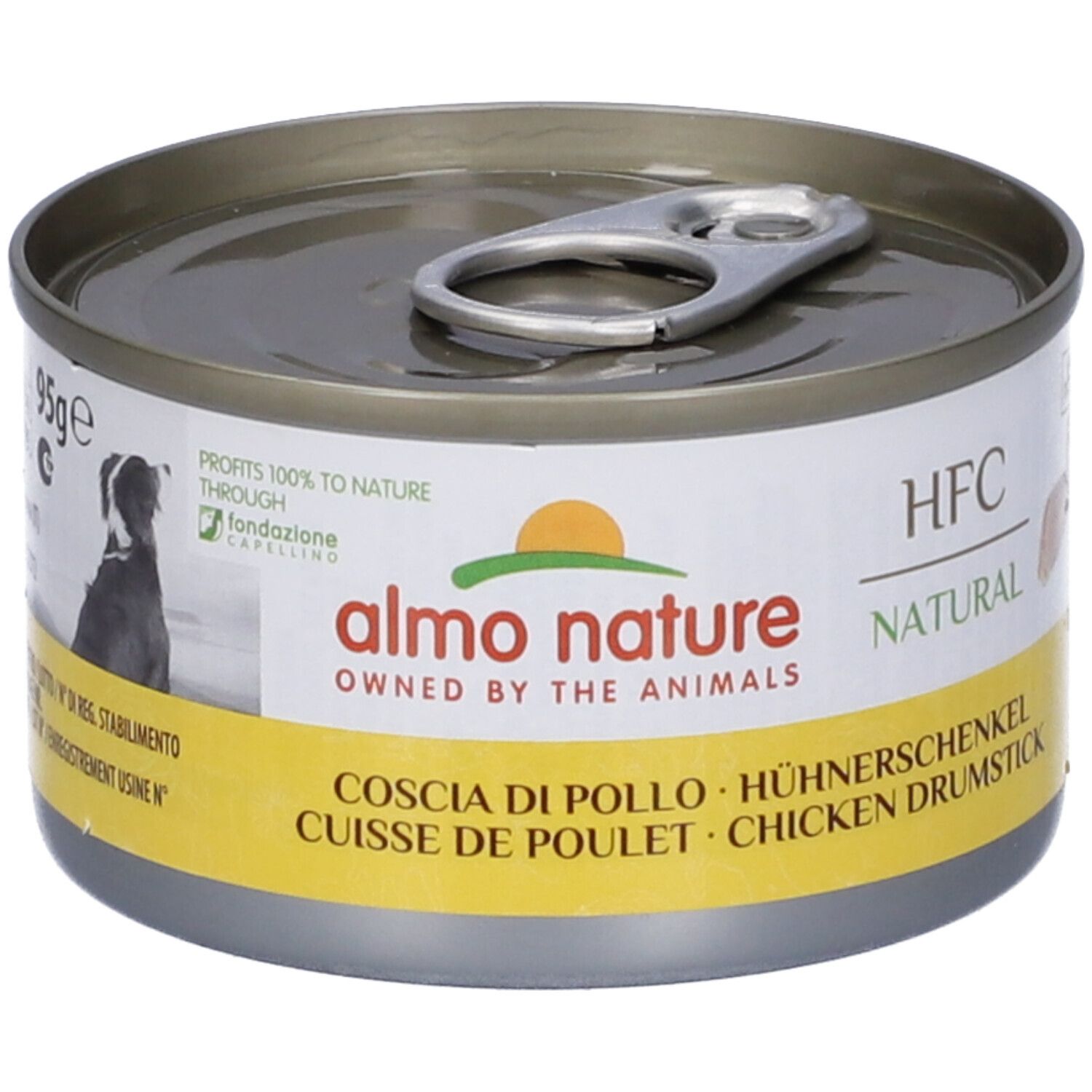 Lattina HFC Natural, Coscia Di Pollo. Scritta: Almo Nature, coscia di pollo. Coperchio con linguetta.