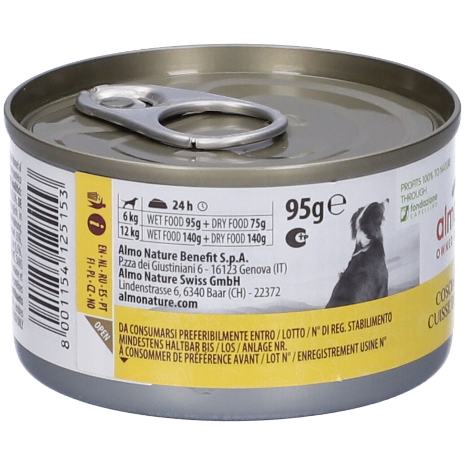 Lattina HFC Natural, Coscia Di Pollo. Retro con informazioni, codice a barre e logo Almo Nature.