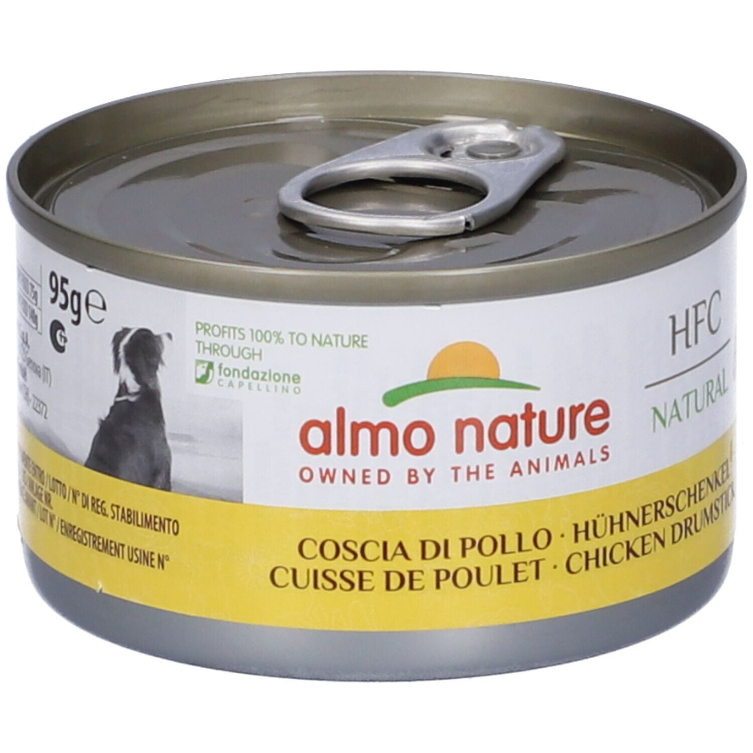 Lattina HFC Natural, Coscia Di Pollo. Scritta: Almo Nature, coscia di pollo. Coperchio con linguetta.