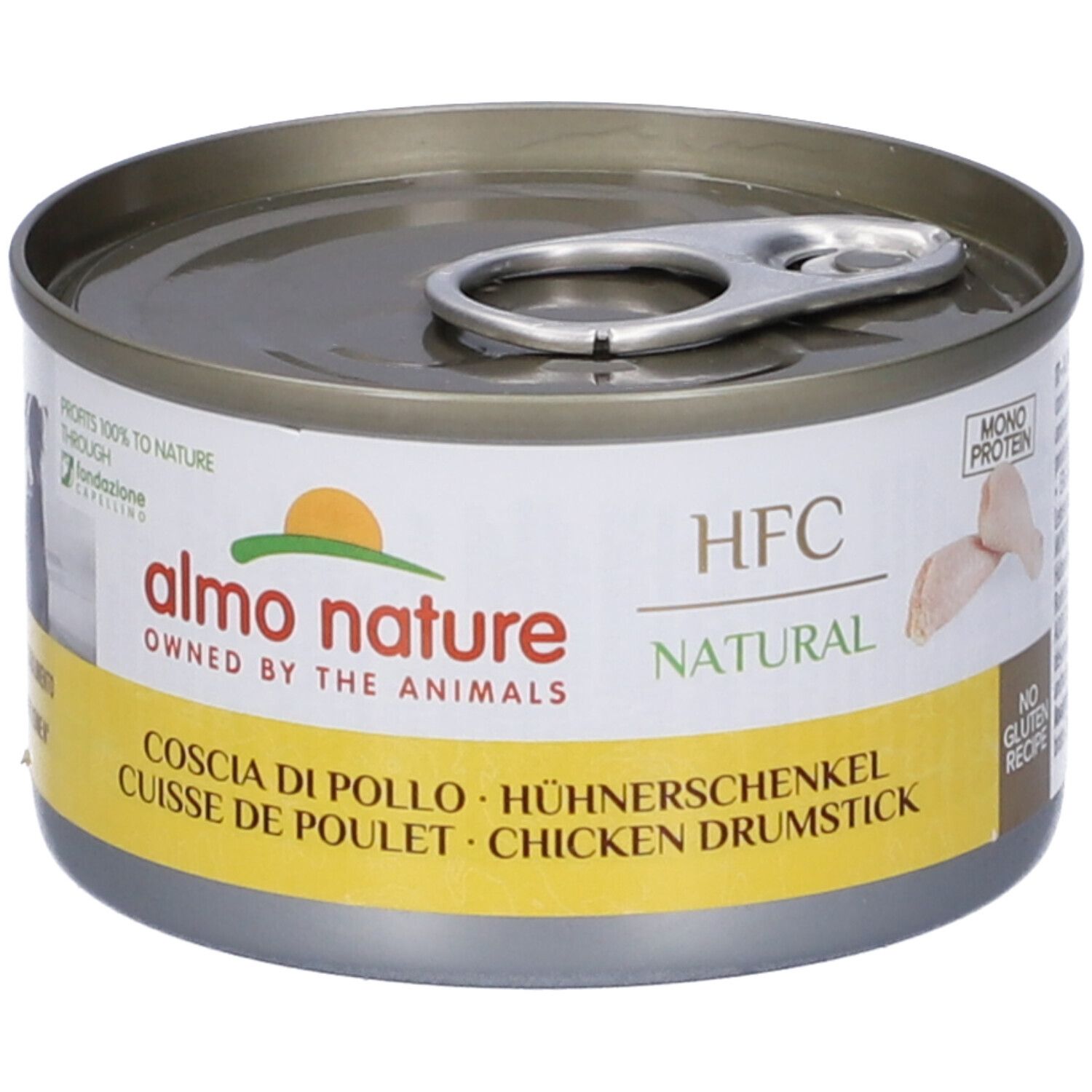 Lattina HFC Natural, Coscia Di Pollo. Immagine di coscia di pollo. Scritta: Almo Nature, coscia di pollo.