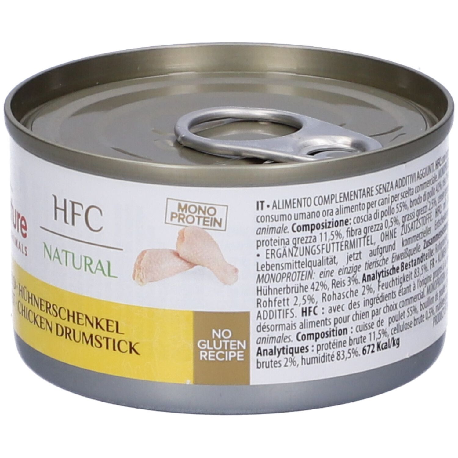 Lattina HFC Natural, Coscia Di Pollo. Dettaglio con composizione e valori nutrizionali, immagine di coscia di pollo.