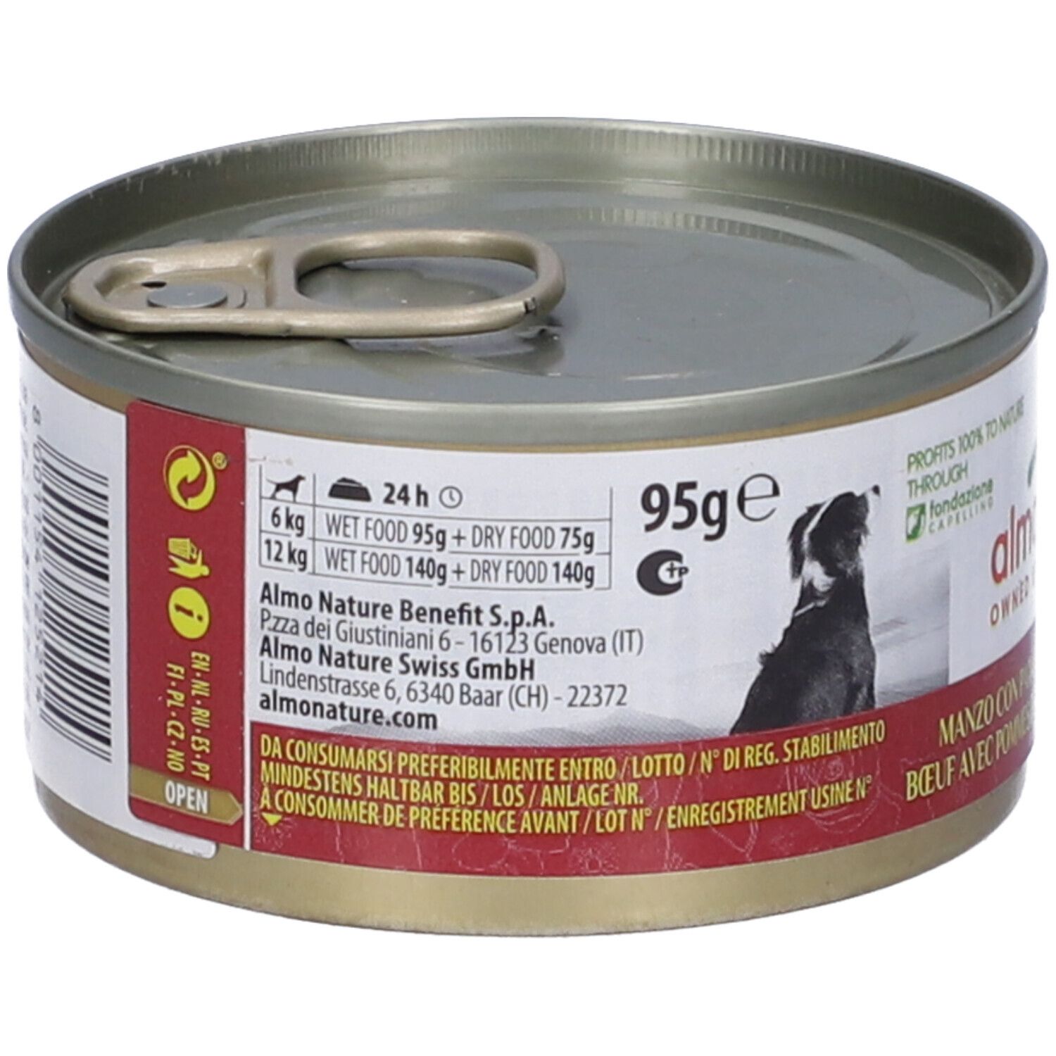 Lattina HFC. Scritta: Manzo con Patate e Piselli. 95g. Informazioni nutrizionali e di contatto.
