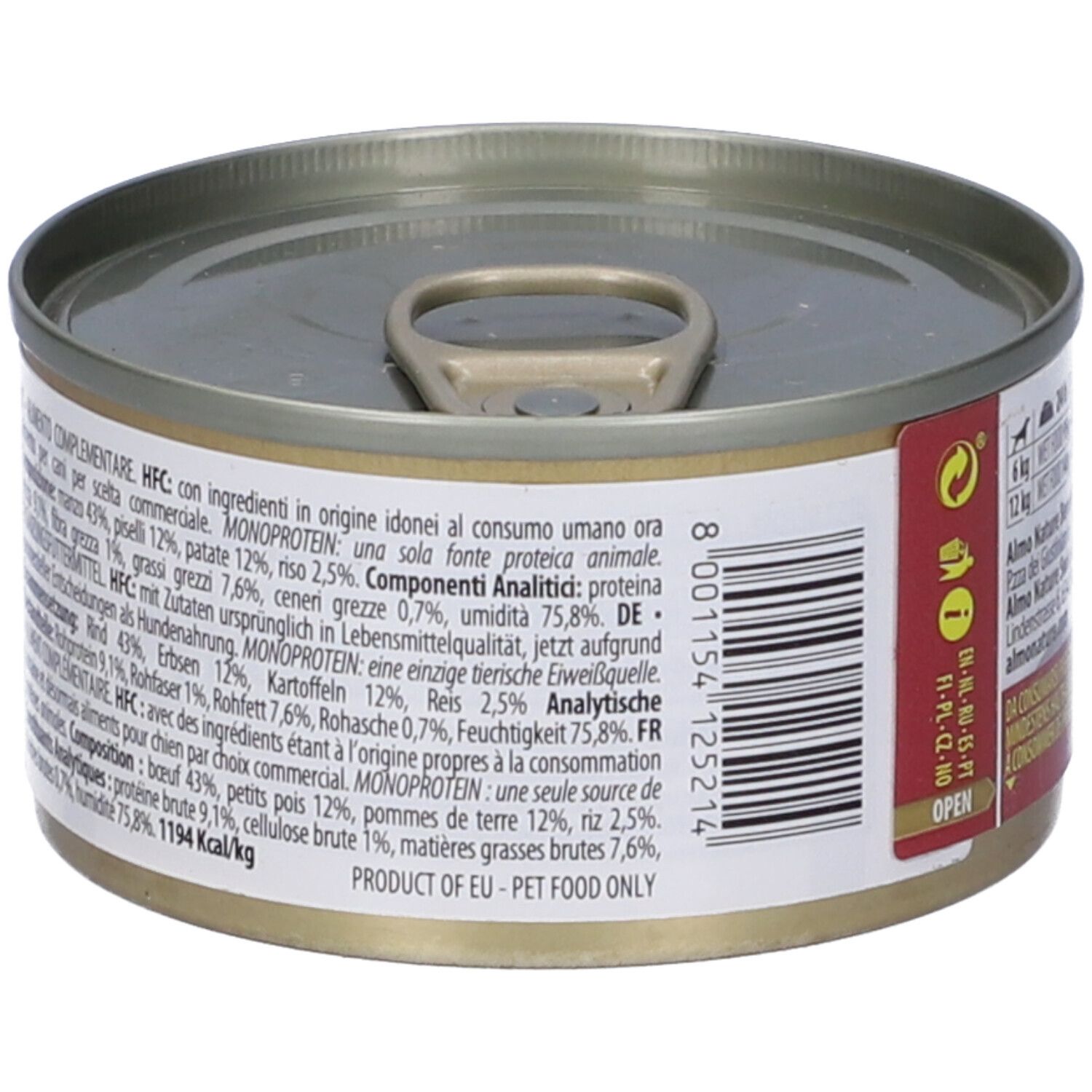 Lattina HFC. Scritta: Manzo con Patate e Piselli. Monoproteico. 95g. Lista ingredienti.