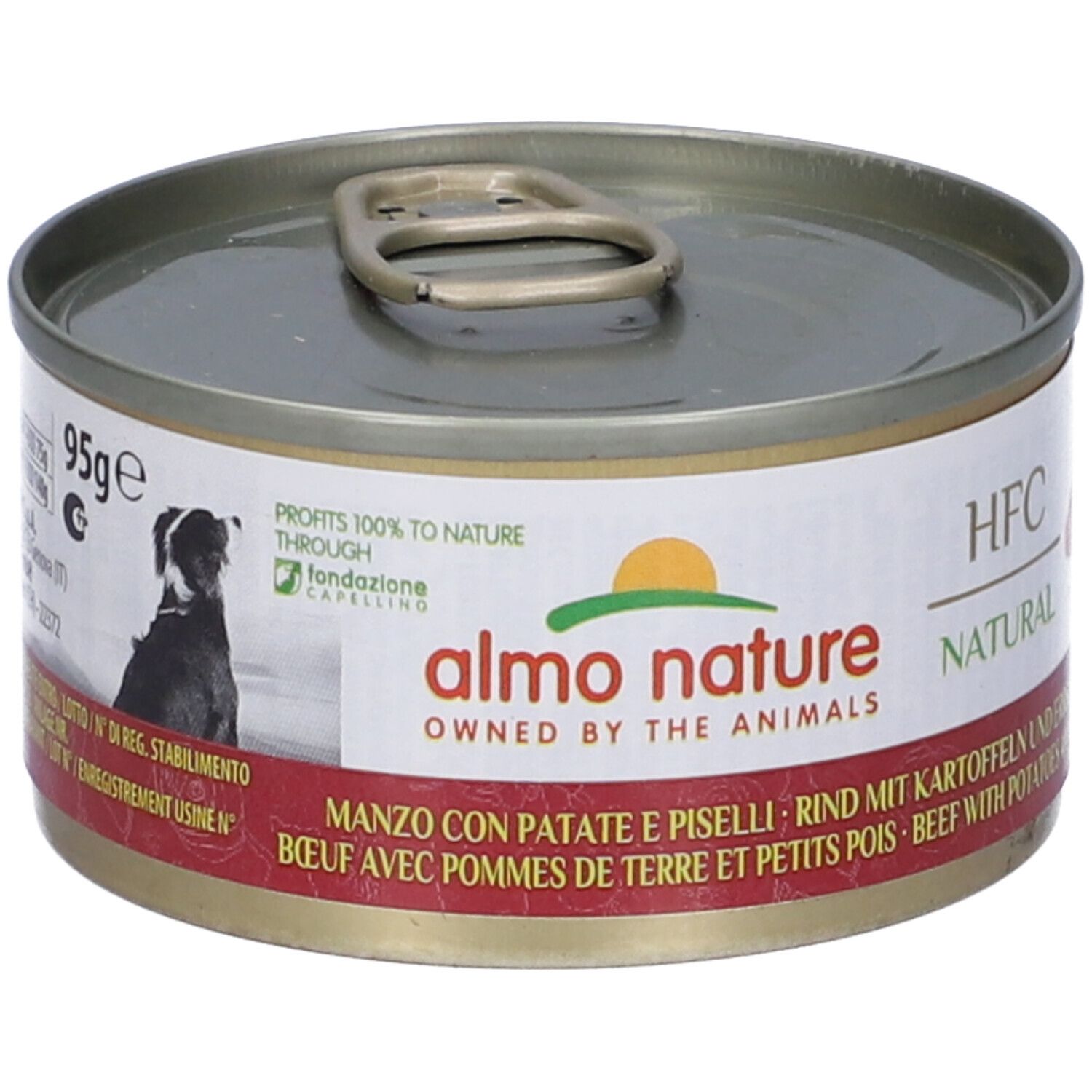 Lattina HFC Natural. Scritta: Manzo con Patate e Piselli. 95g. Immagine di cane.
