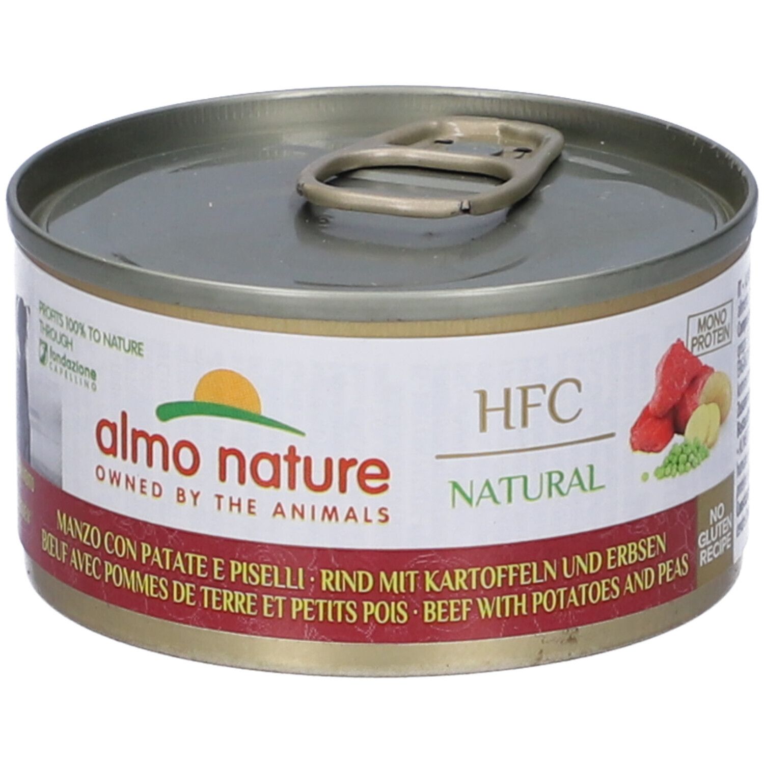 Lattina HFC Natural. Scritta: Manzo con Patate e Piselli. 95g. Immagini di ingredienti.