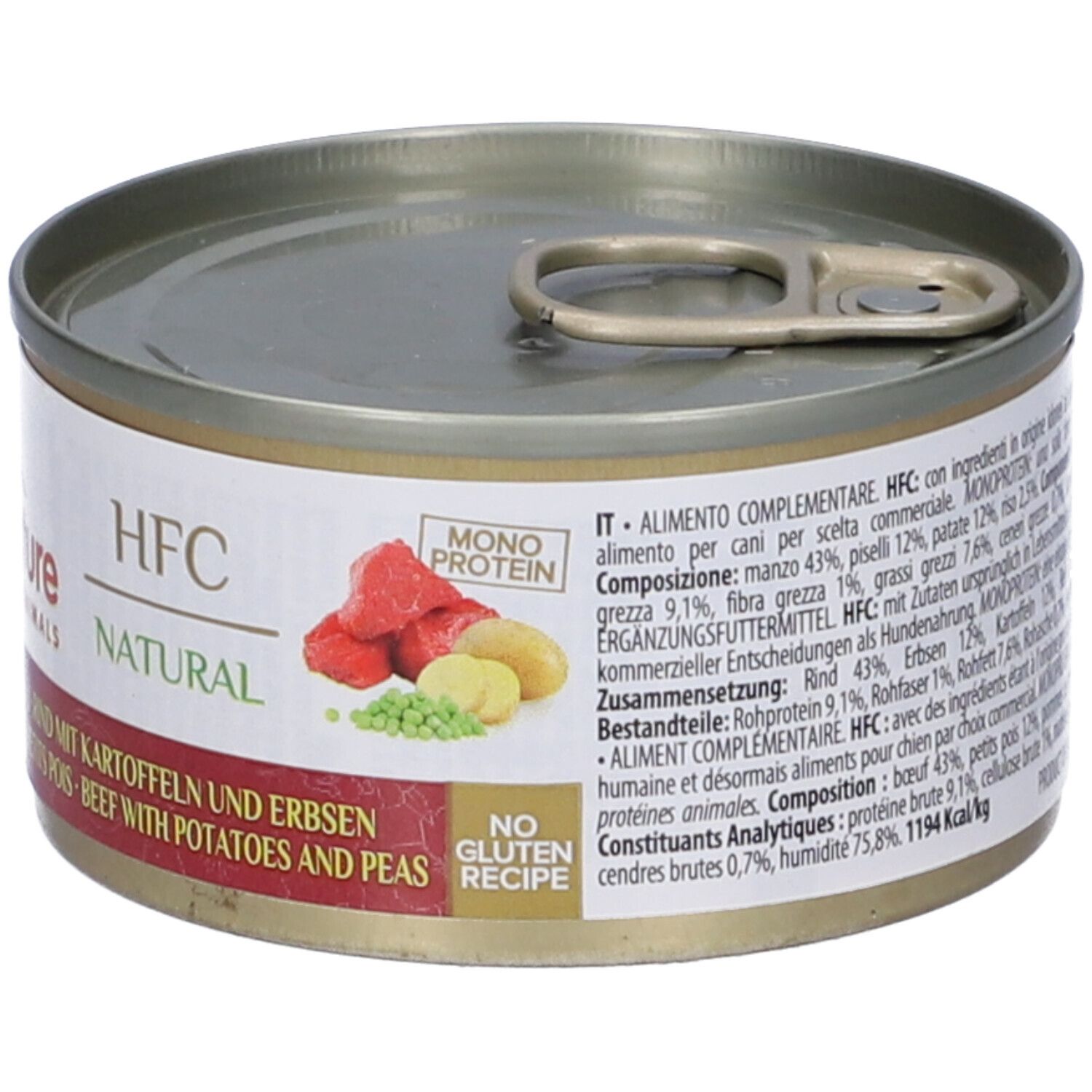 Lattina HFC Natural. Scritta: Manzo con Patate e Piselli. Monoproteico. Senza glutine.