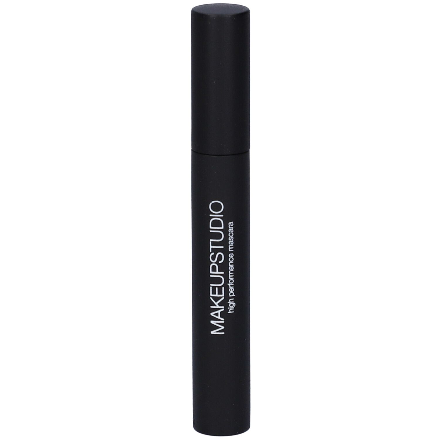 Spazzola per mascara nera con tappo nero. Scritta: MAKEUPSTUDIO high performance mascara.