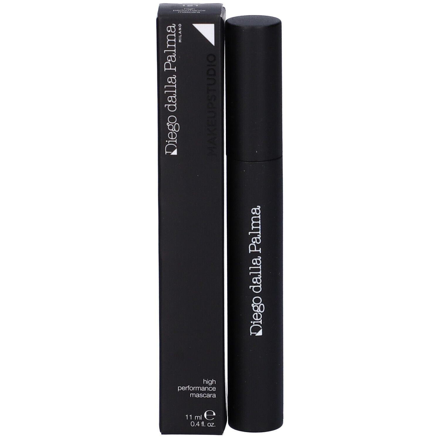 Spazzola per mascara nera e confezione. Scritta: Diego dalla Palma, MAKEUPSTUDIO, high performance mascara, 11 ml.