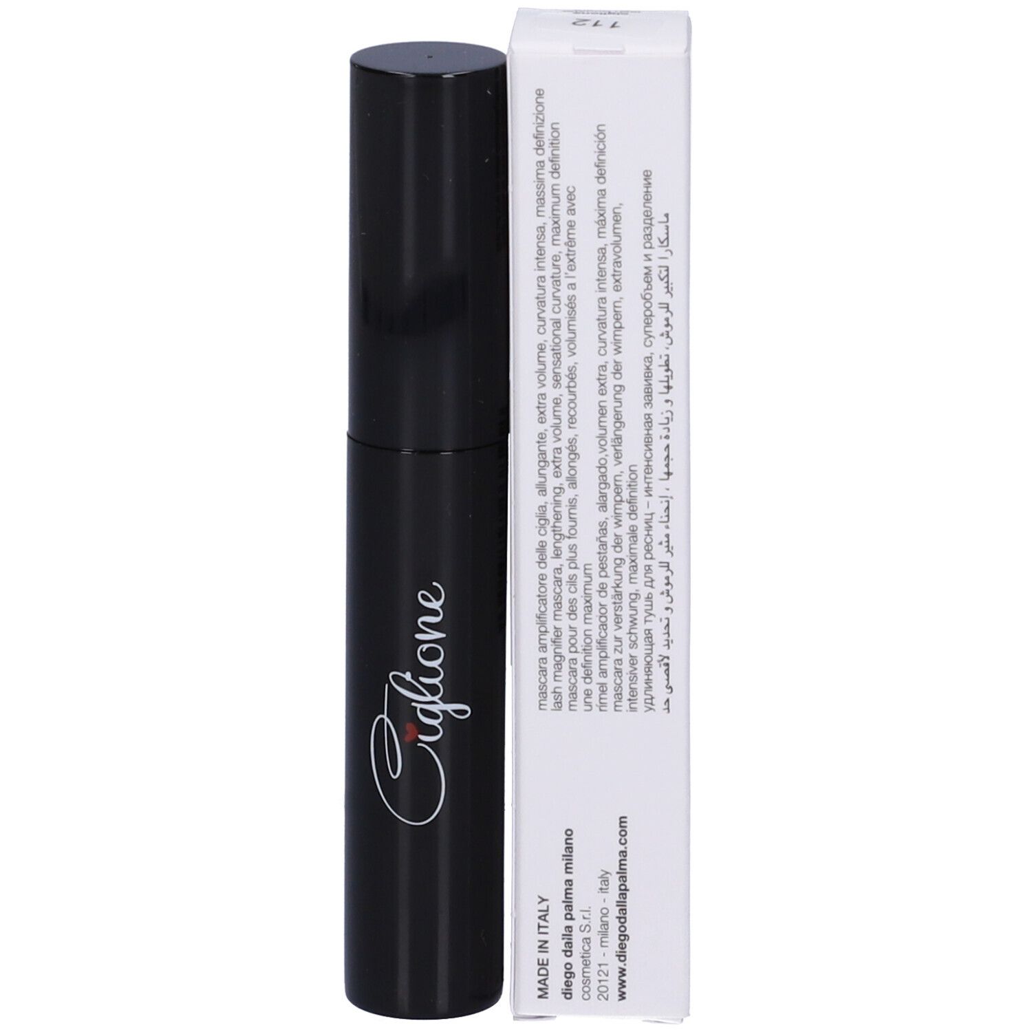 Tubo e scatola di mascara neri. "Ciglione" sul tubo. Testo sulla scatola.
