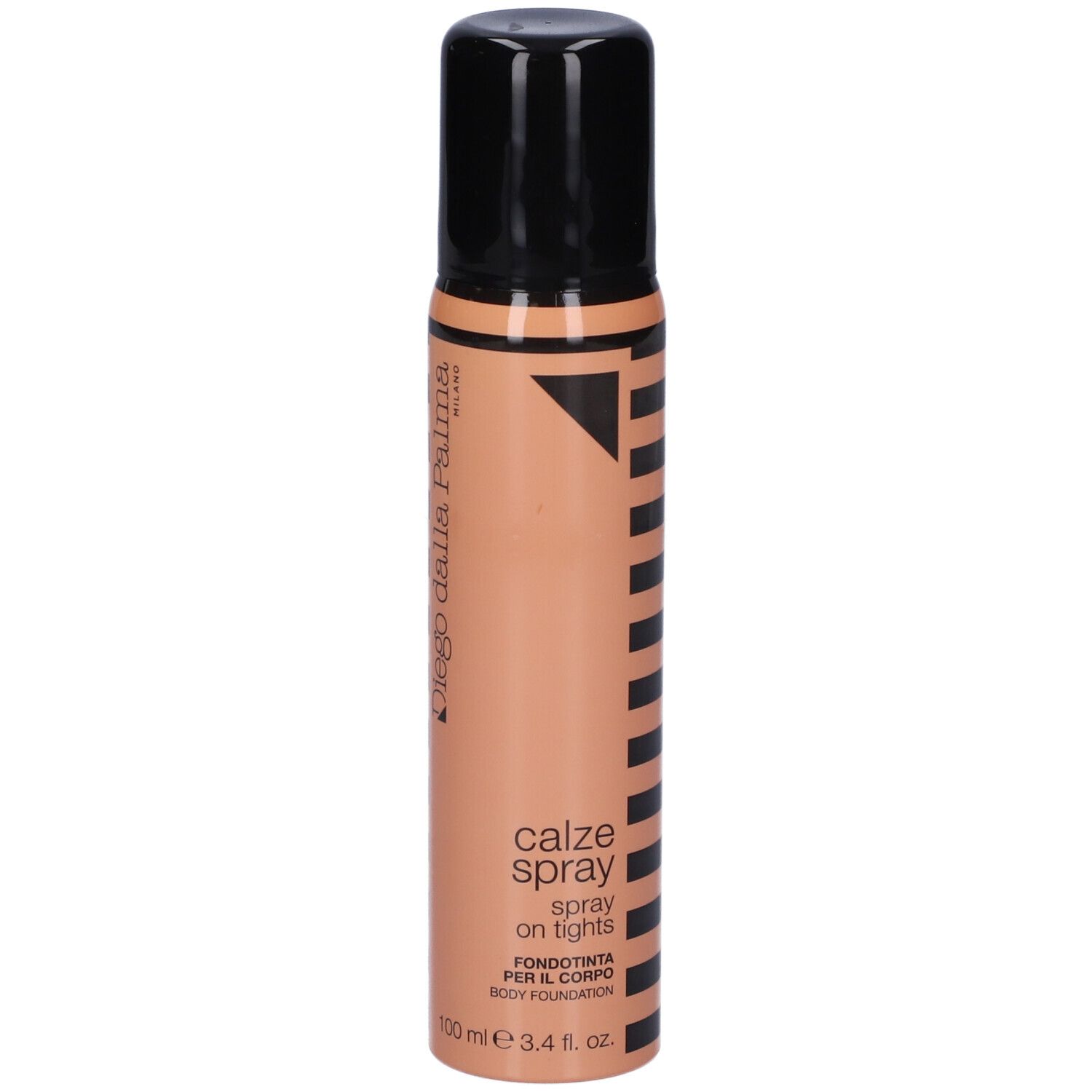 Flacone spray con tappo nero. Scritta: Diego dalla Palma, Calze Spray, Fondotinta per il corpo.