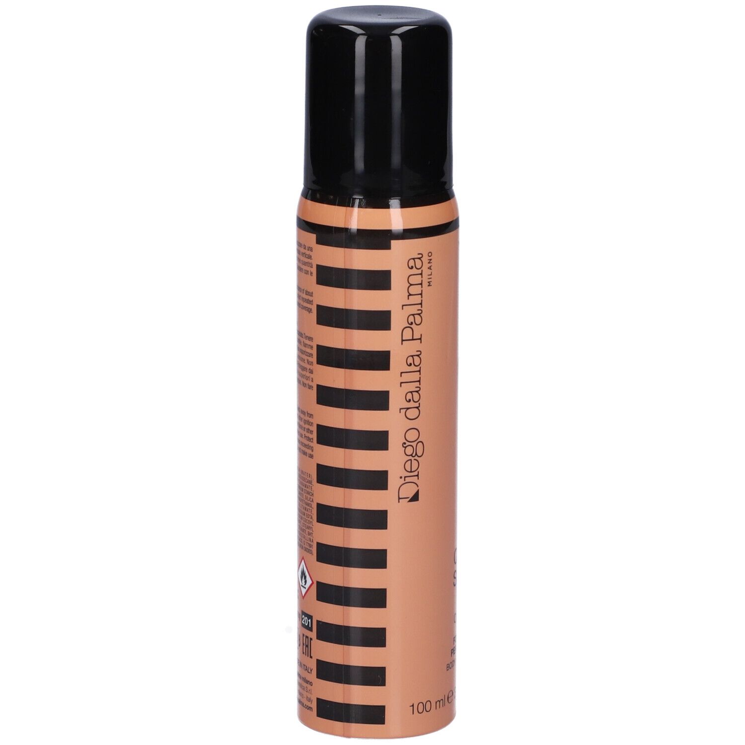 Flacone spray beige con tappo nero. Scritta: Diego dalla Palma. Strisce nere.