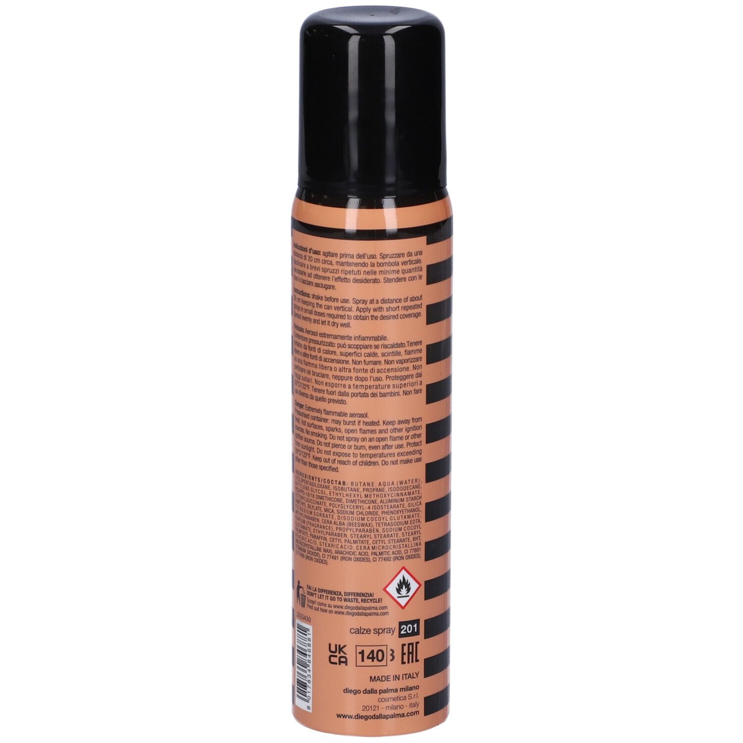 Flacone spray beige con tappo nero. Retro con testo e pittogrammi. Scritta: Diego dalla Palma.